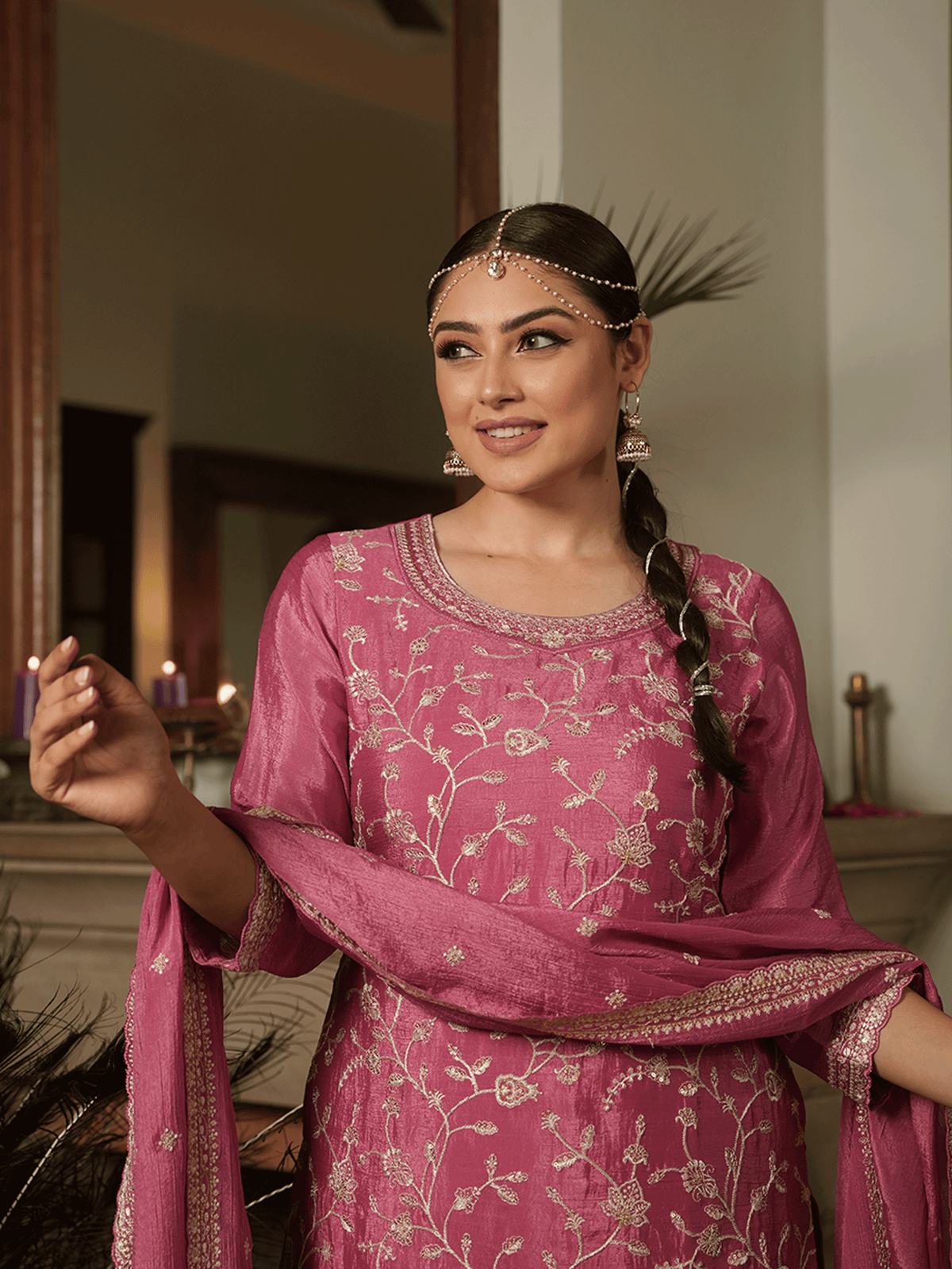 Embroidered Chinon Chiffon Dusty Pink Kurta