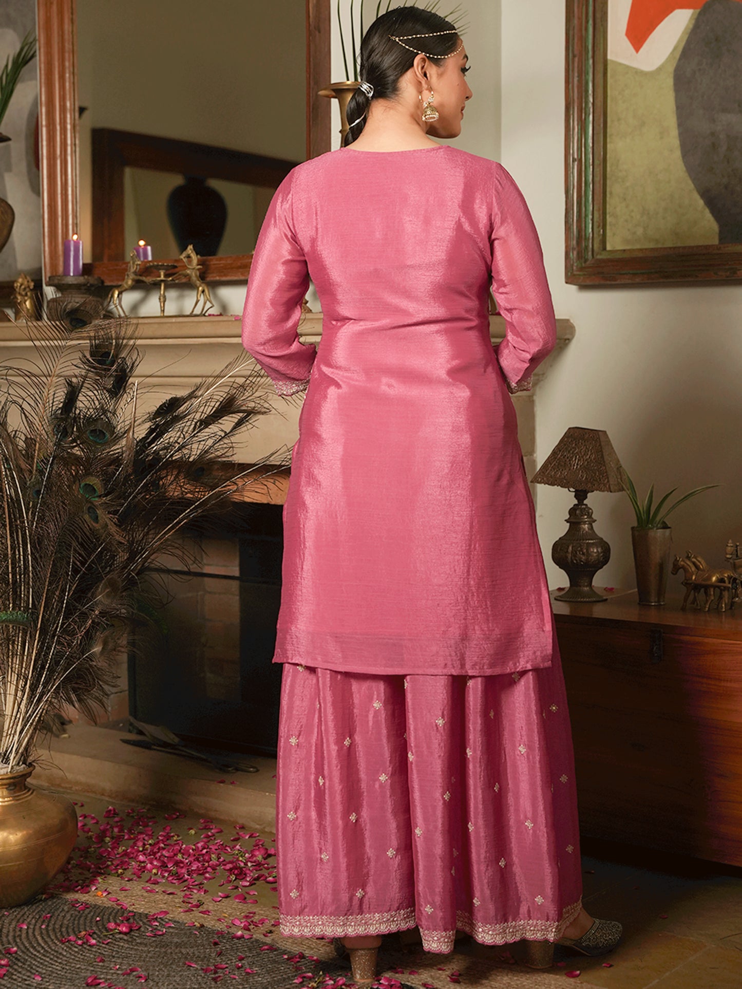 Embroidered Chiffon Dusty Pink Straight Kurta