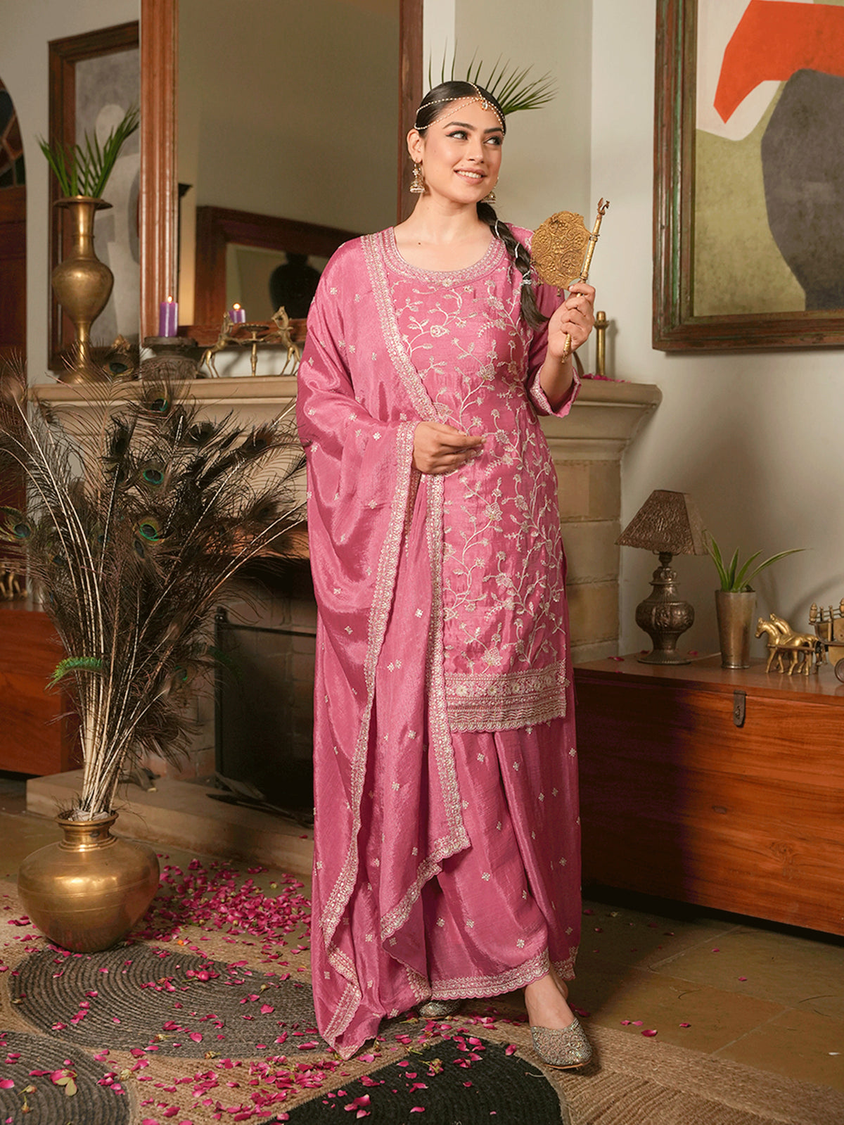 Embroidered Chinon Chiffon Dusty Pink Kurta