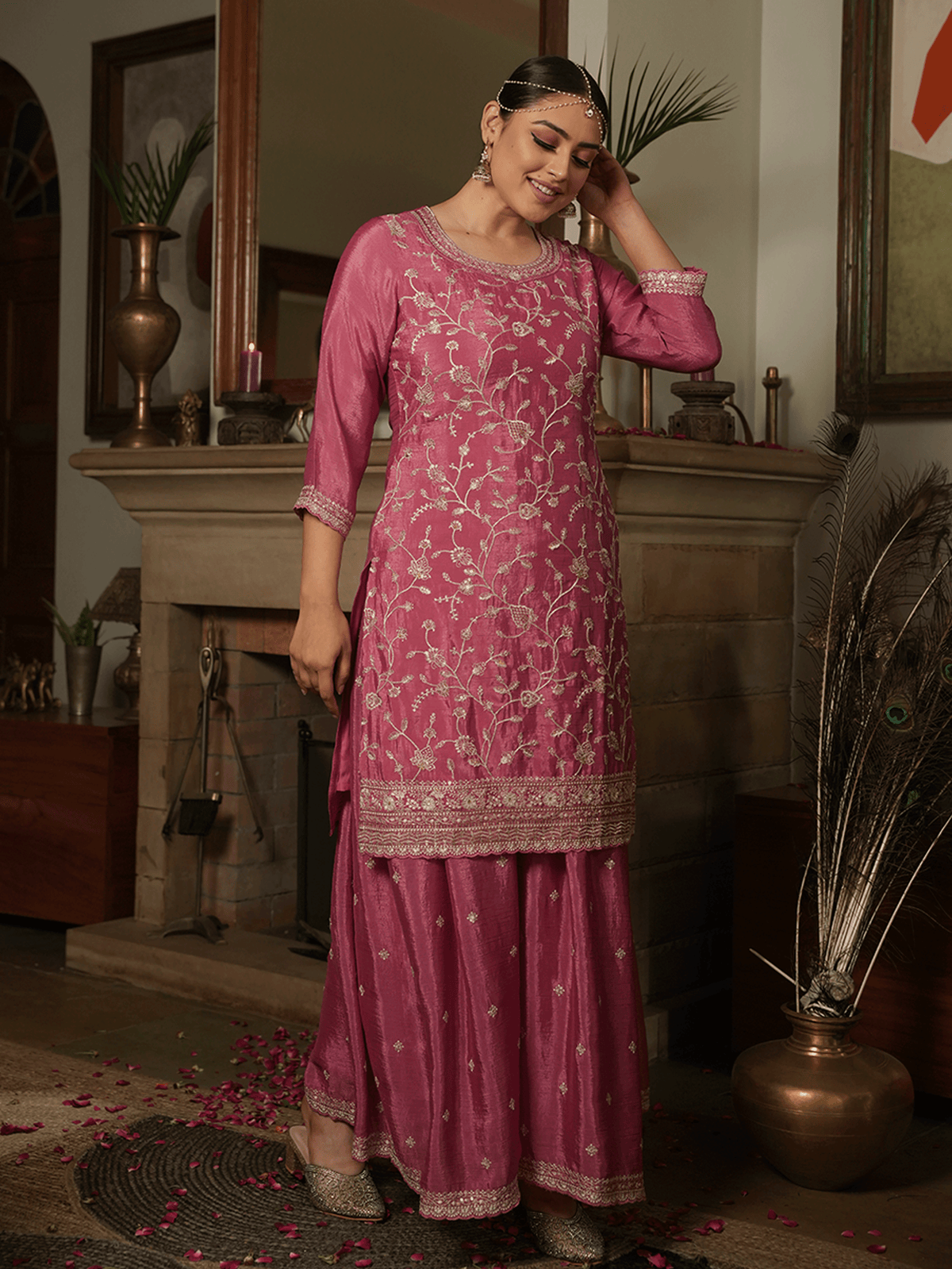Embroidered Chinon Chiffon Dusty Pink Kurta