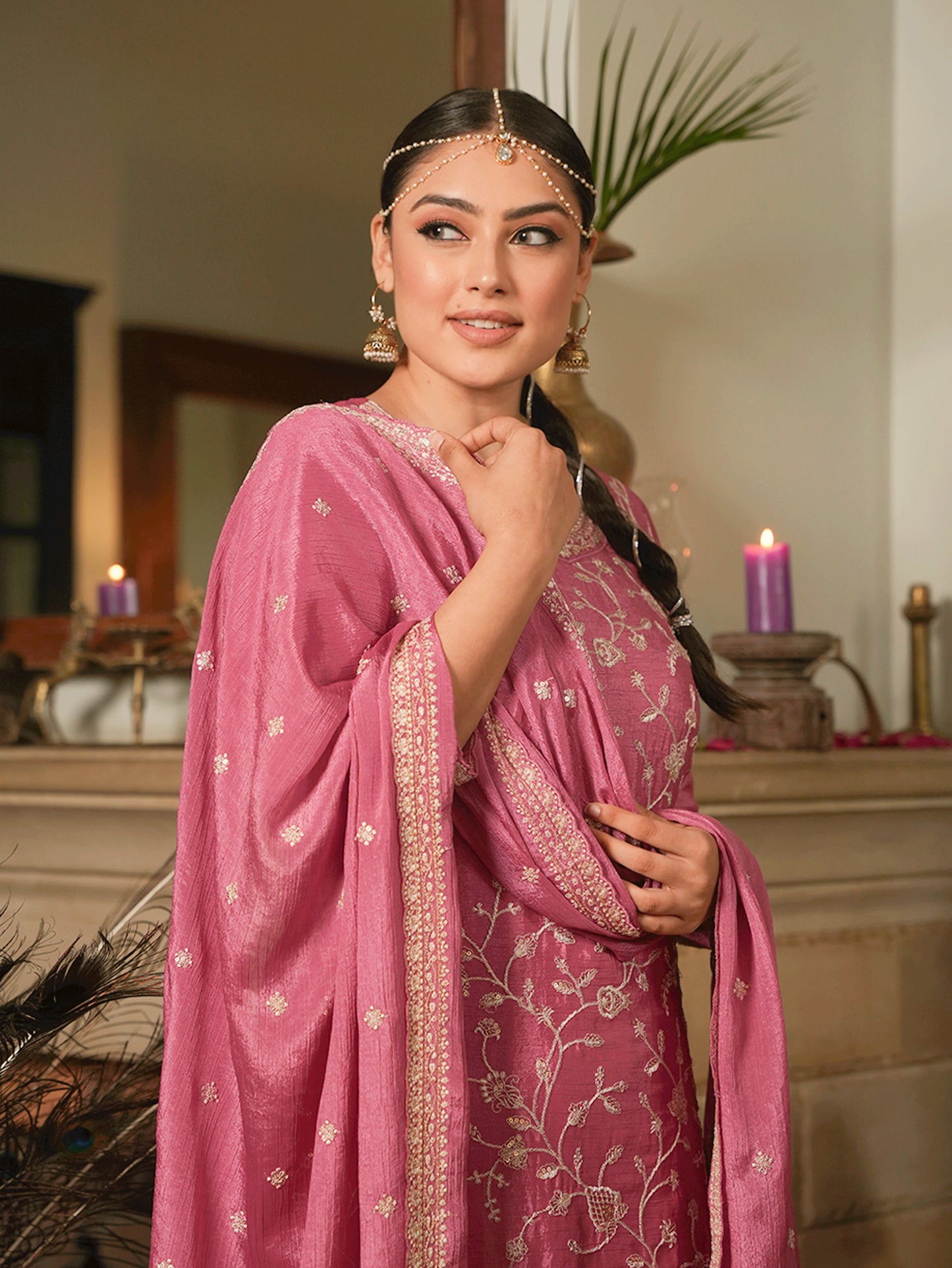 Embroidered Chiffon Dusty Pink Straight Kurta