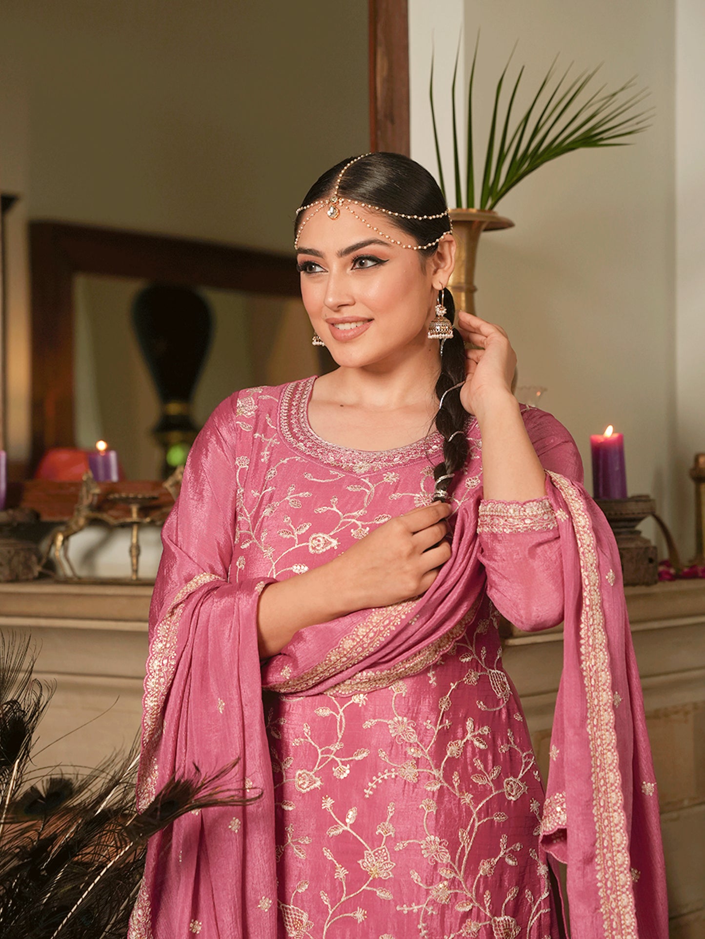 Embroidered Chiffon Dusty Pink Straight Kurta