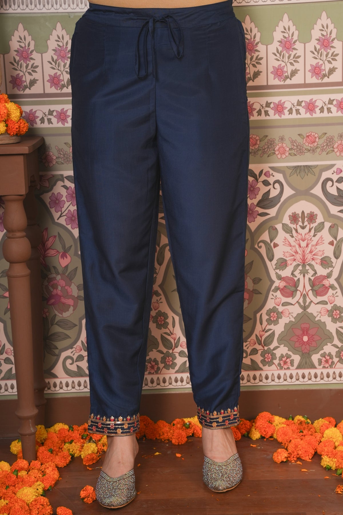 Poly Silk Solid Navy Blue Trousers