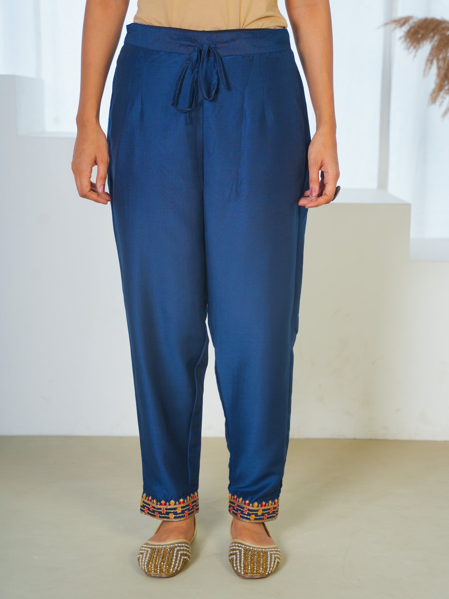 Blended Silk Solid Navy Blue Trousers