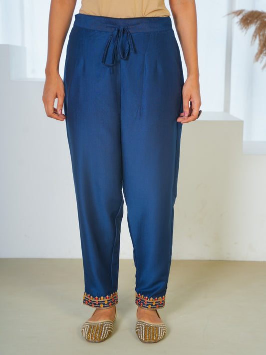 Blended Silk Solid Navy Blue Trousers