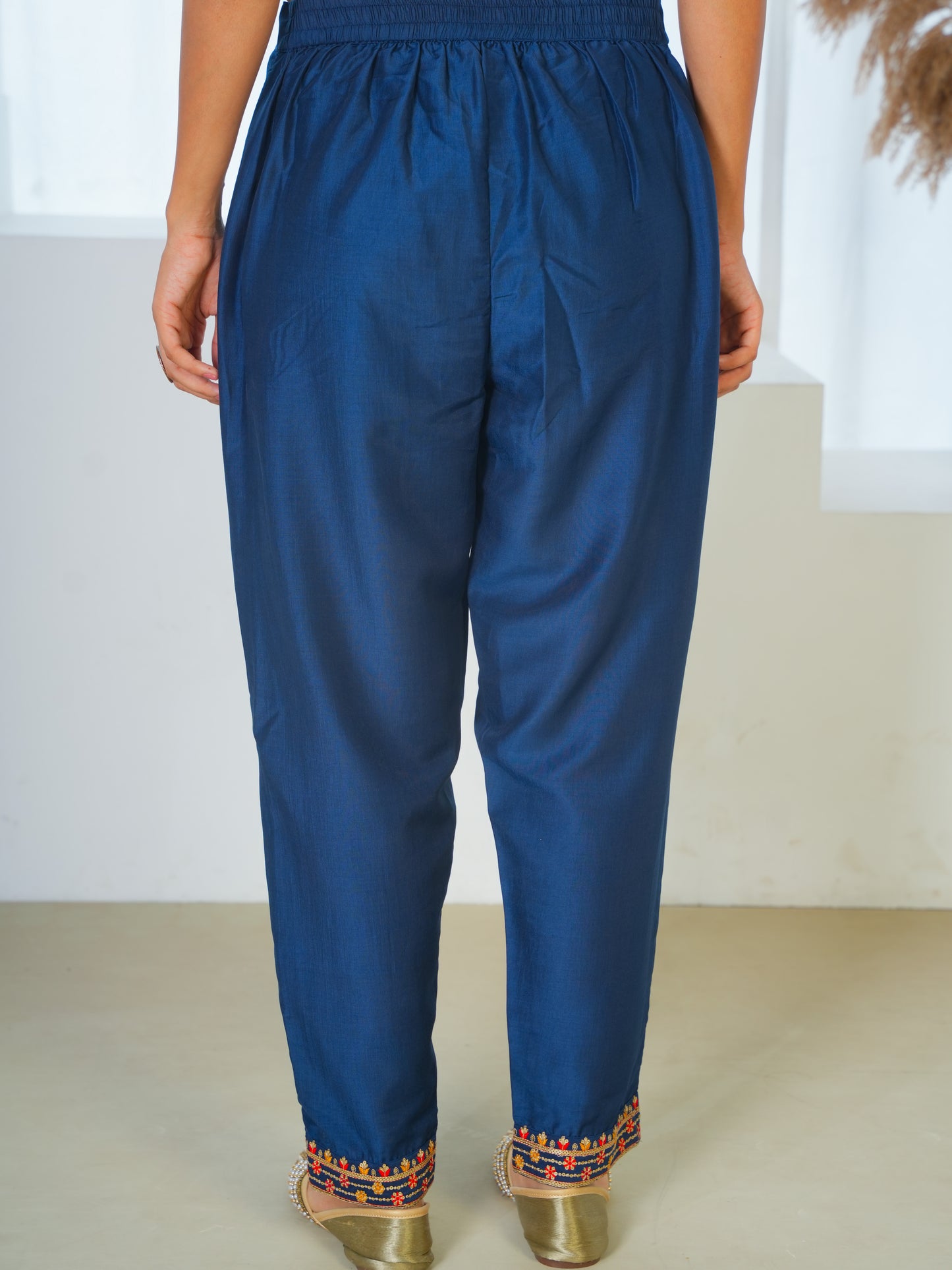 Blended Silk Solid Navy Blue Trousers