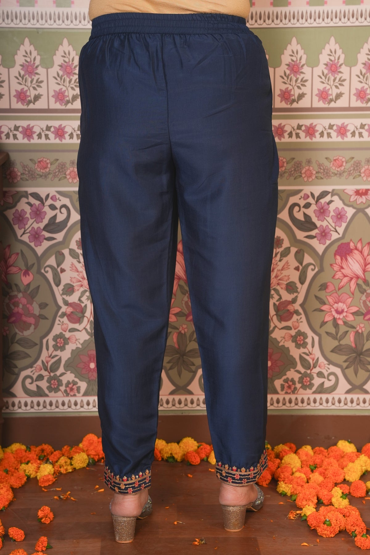 Poly Silk Solid Navy Blue Trousers