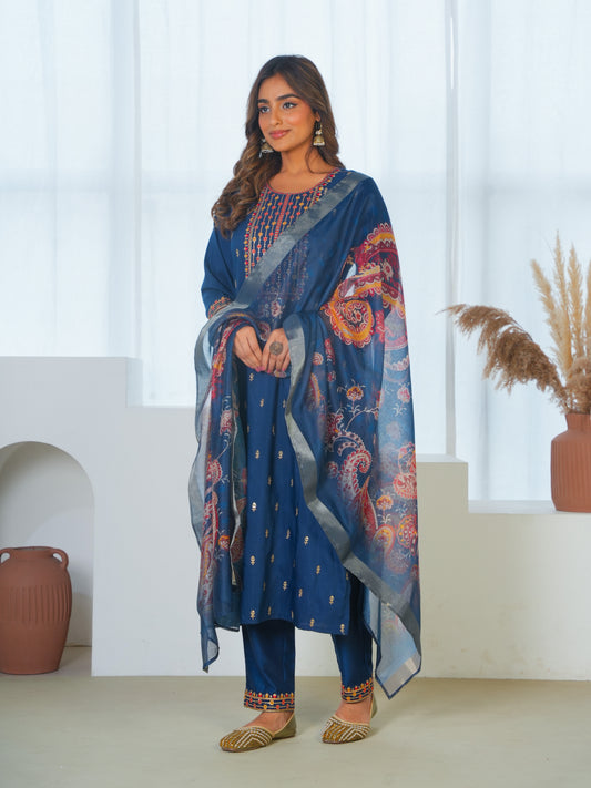 Chanderi Floral Navy Blue Dupatta
