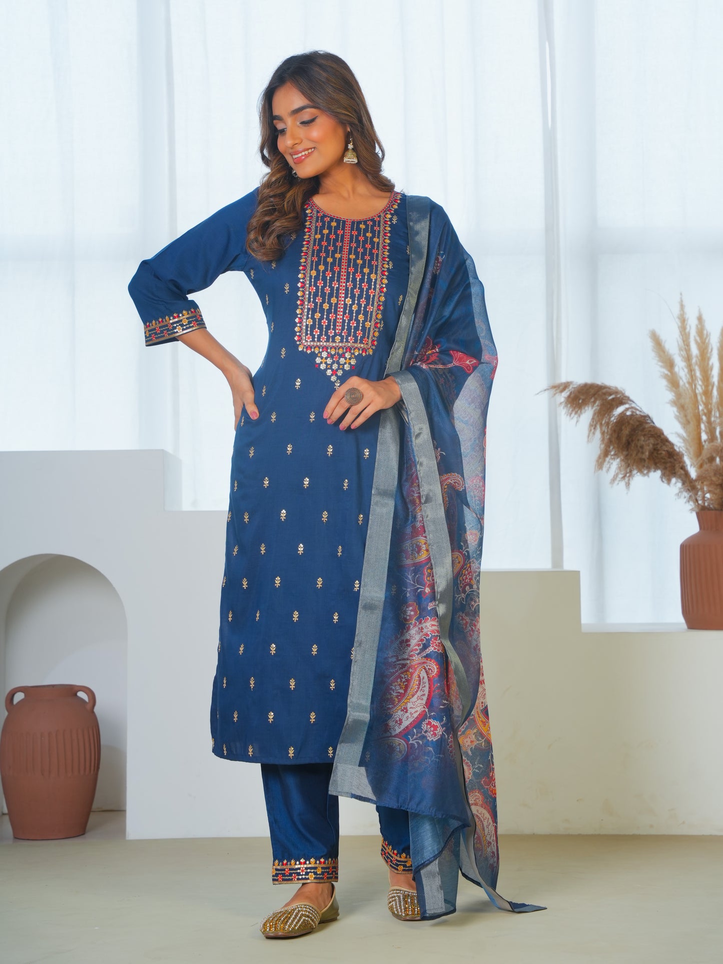 Chanderi Floral Navy Blue Dupatta