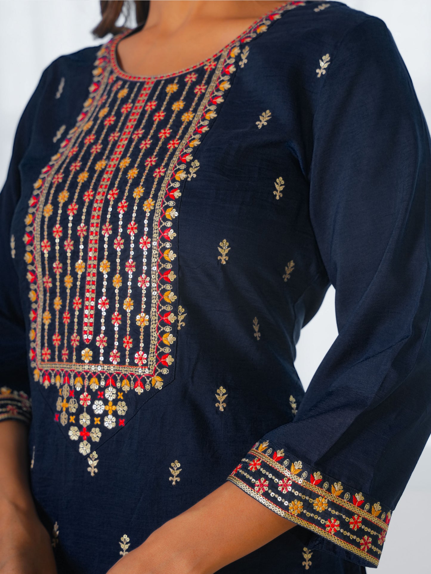 Embroidered Blended Silk Solid Navy Blue Straight Kurta
