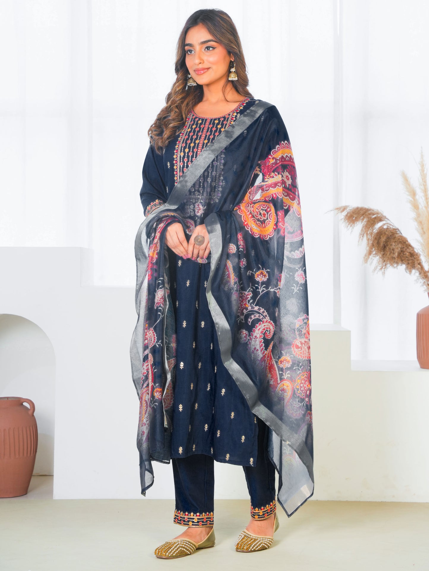 Embroidered Blended Silk Solid Navy Blue Straight Kurta