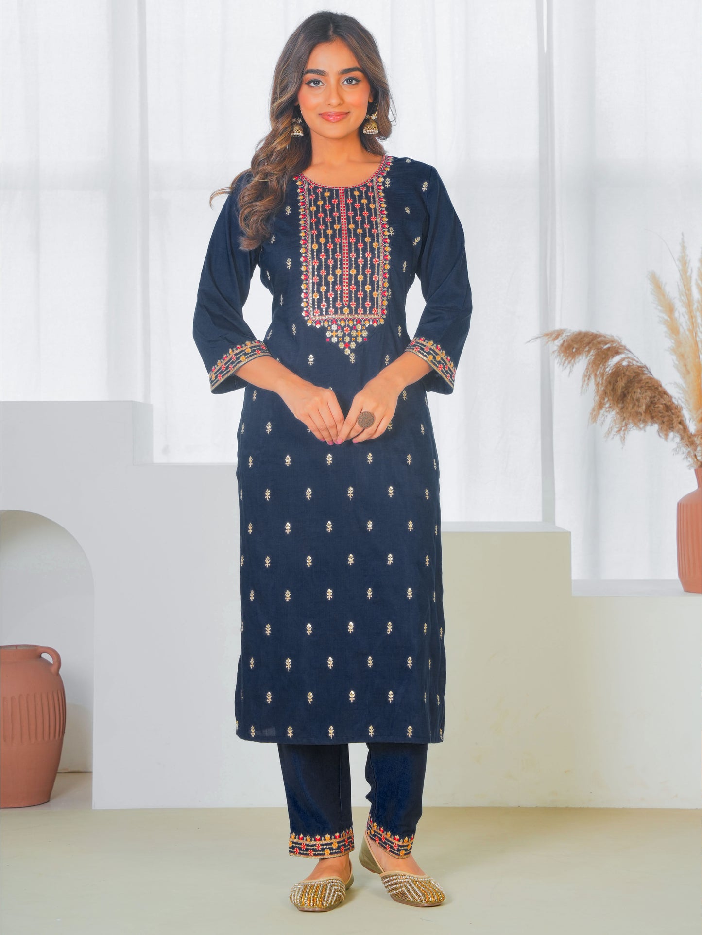 Embroidered Blended Silk Solid Navy Blue Straight Kurta