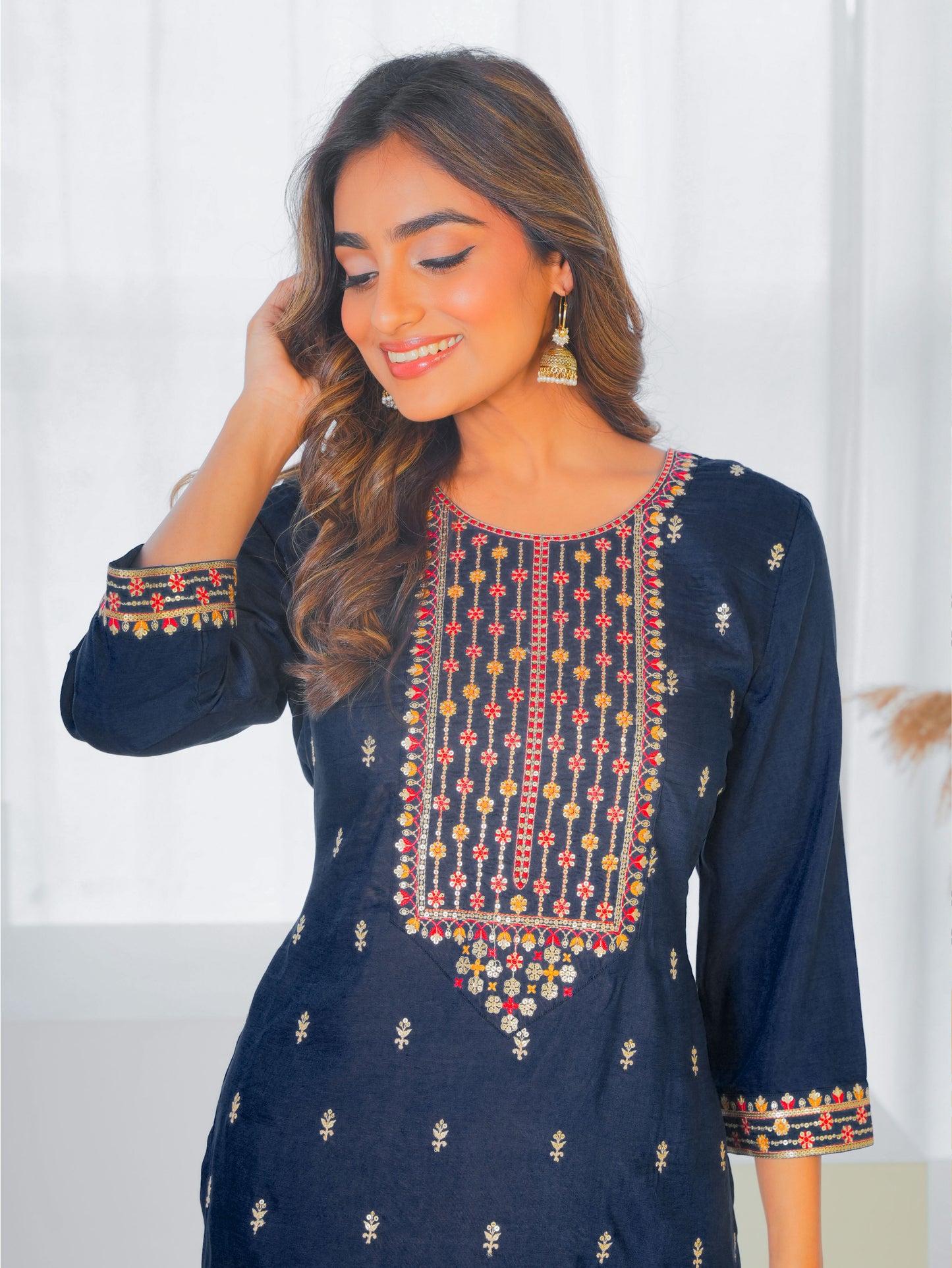 Embroidered Blended Silk Solid Navy Blue Straight Kurta