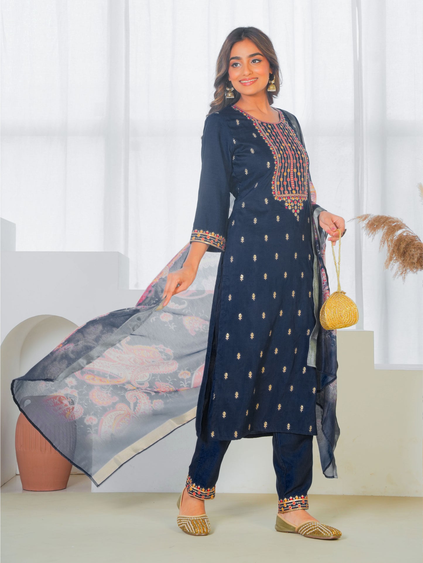 Embroidered Blended Silk Solid Navy Blue Straight Kurta