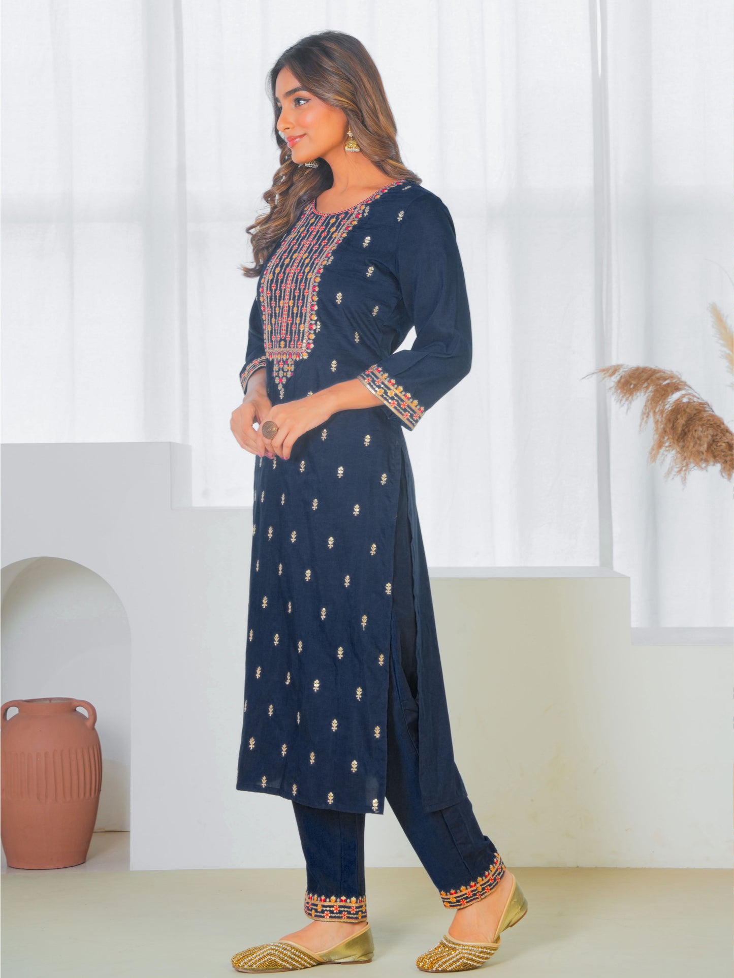Embroidered Blended Silk Solid Navy Blue Straight Kurta