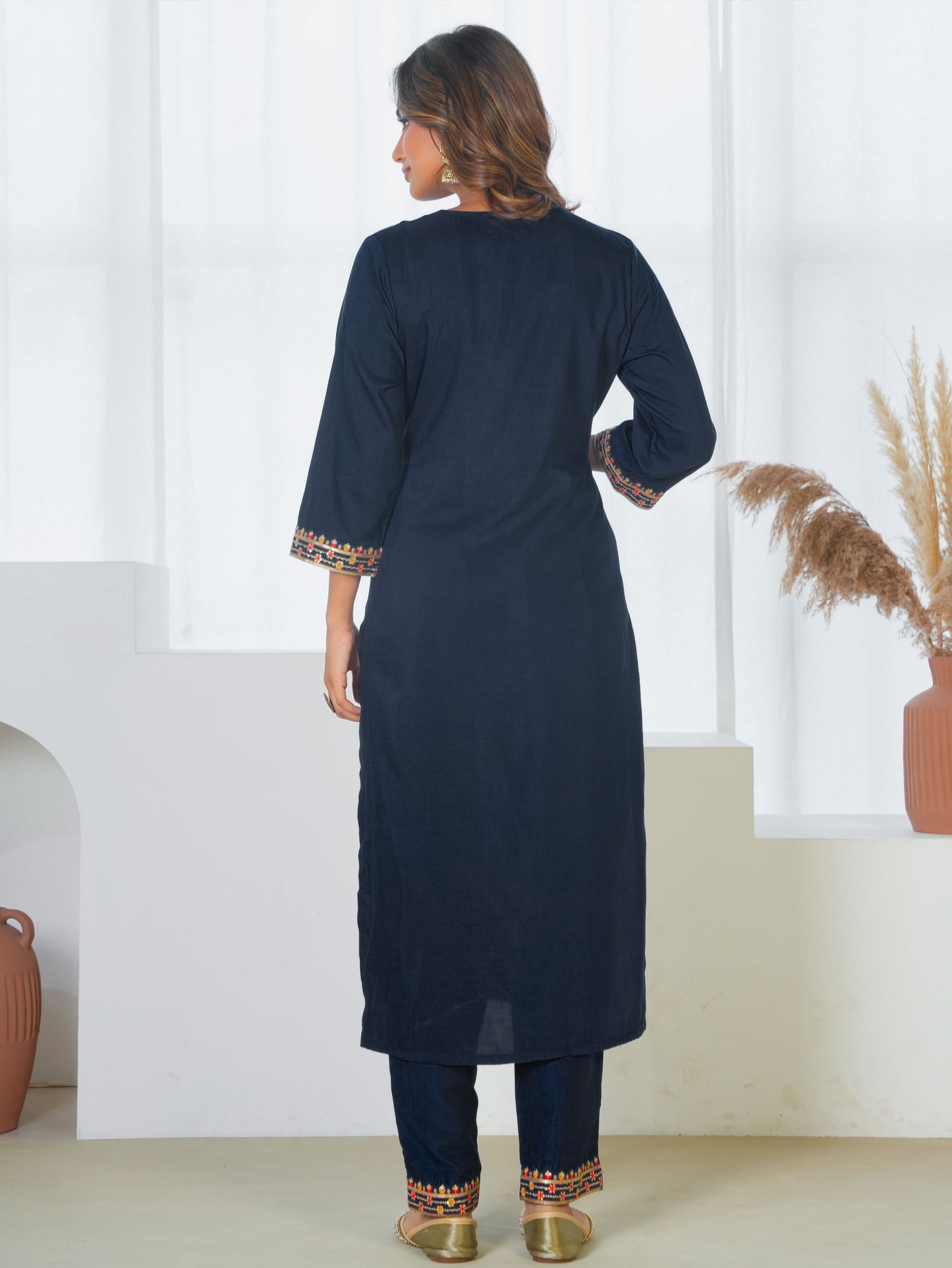 Embroidered Blended Silk Solid Navy Blue Straight Kurta