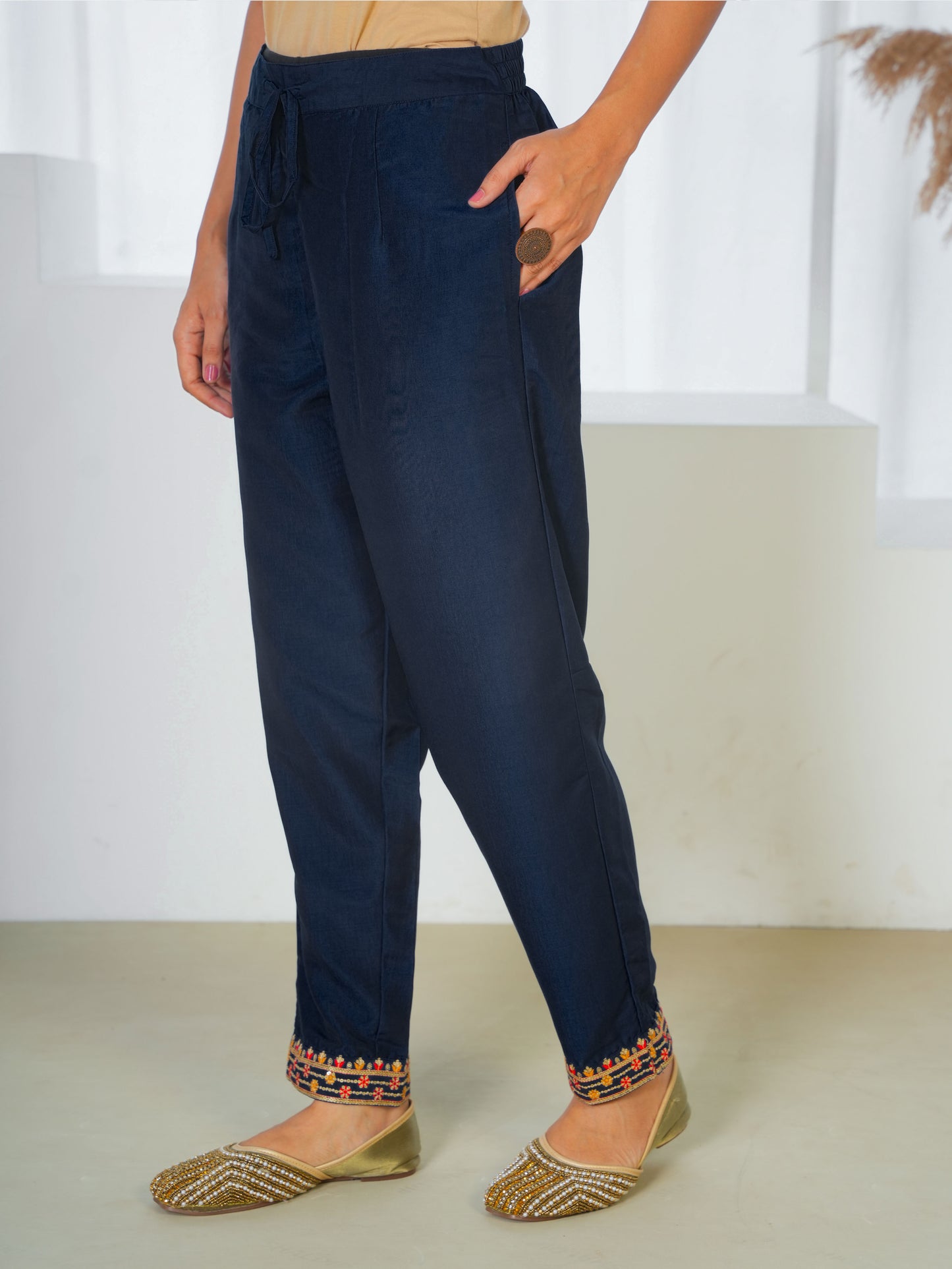 Embroidered Blended Silk Solid Navy Blue Straight Kurta