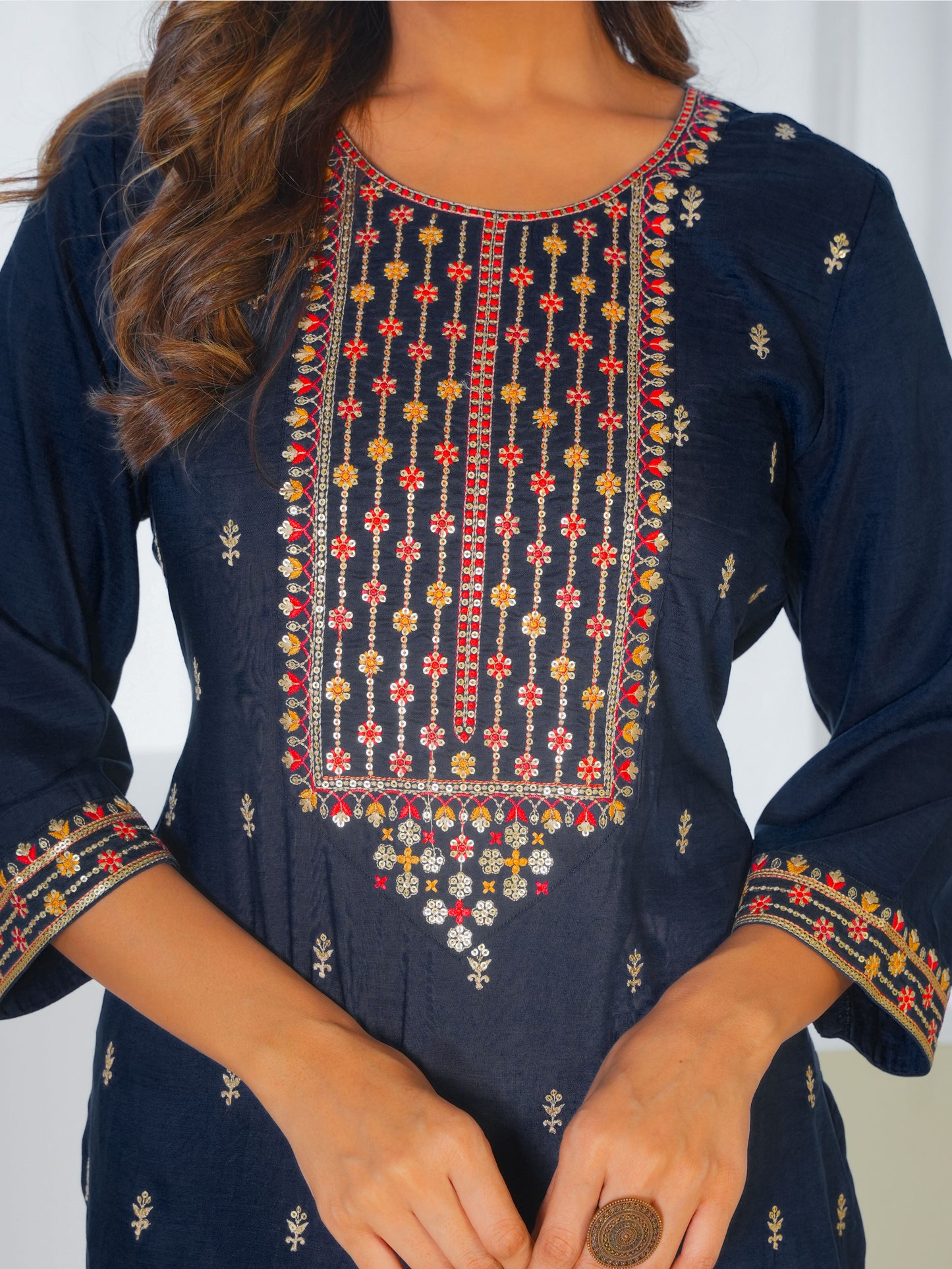 Embroidered Blended Silk Solid Navy Blue Straight Kurta