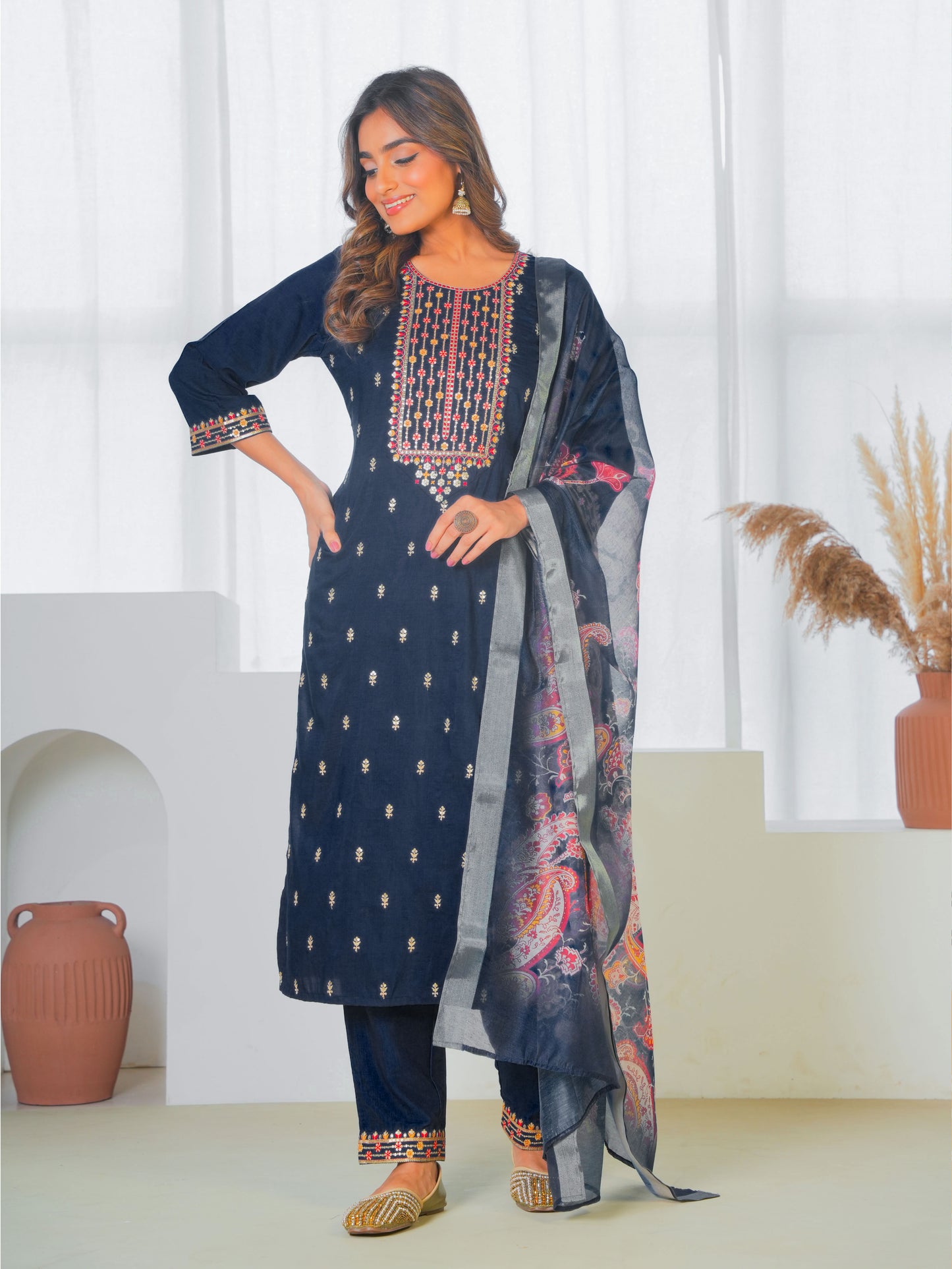 Embroidered Blended Silk Solid Navy Blue Straight Kurta