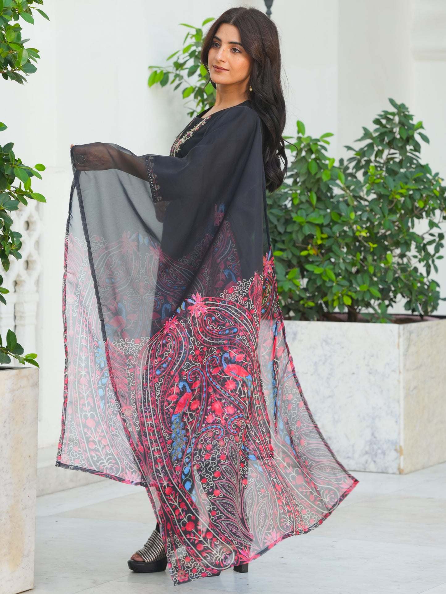 Organza Floral Black Dupatta