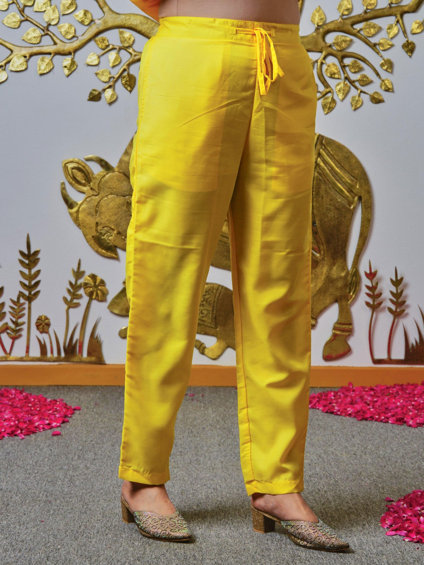 Blended Silk Solid Yellow Trousers