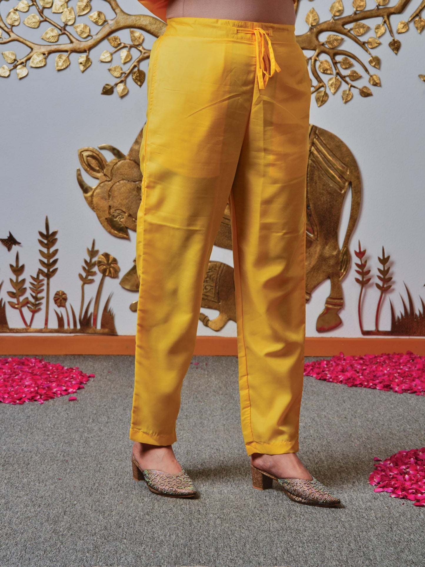 Embroidered Jacquard Solid Yellow Kurta