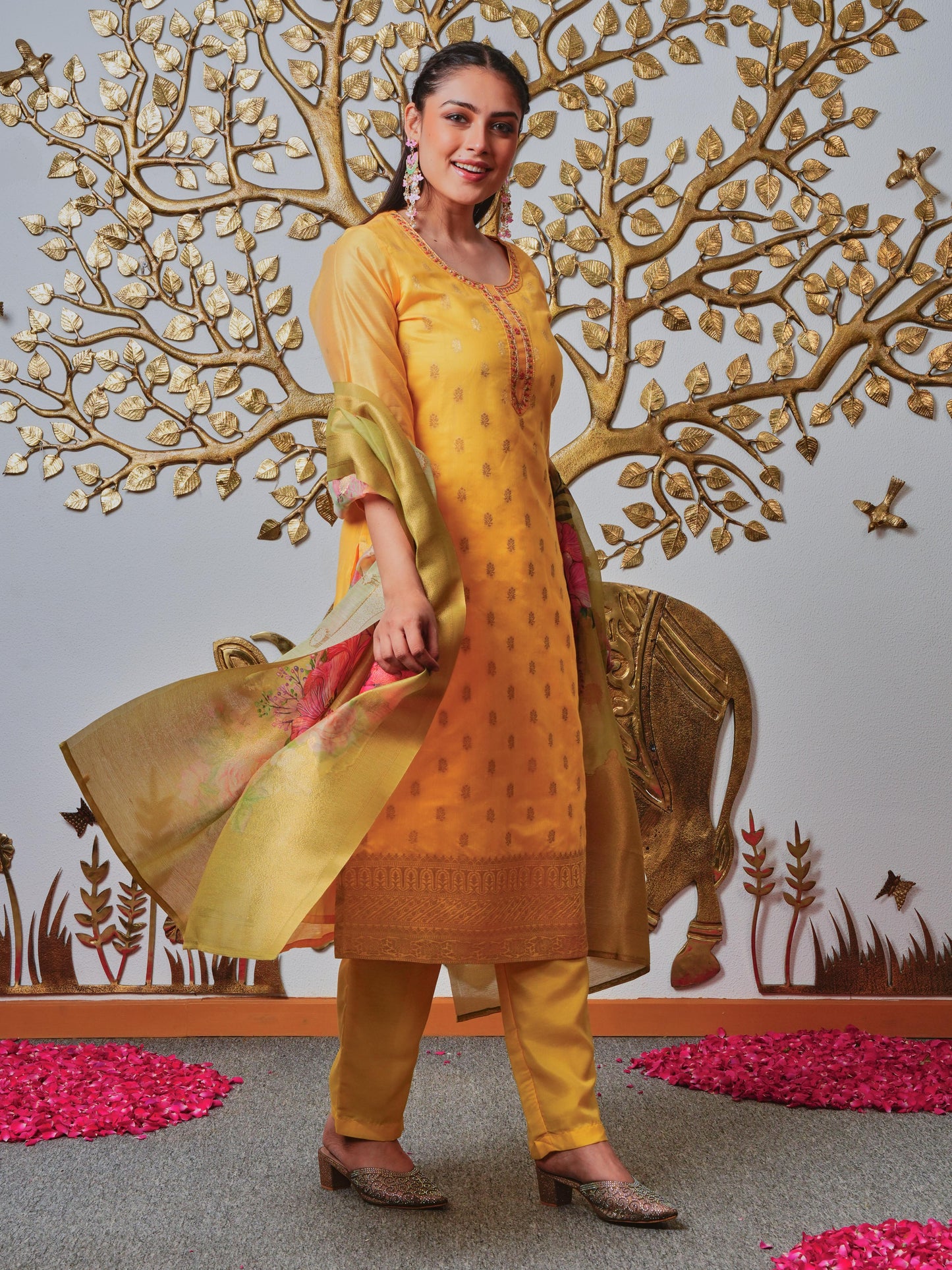 Embroidered Jacquard Solid Yellow Kurta