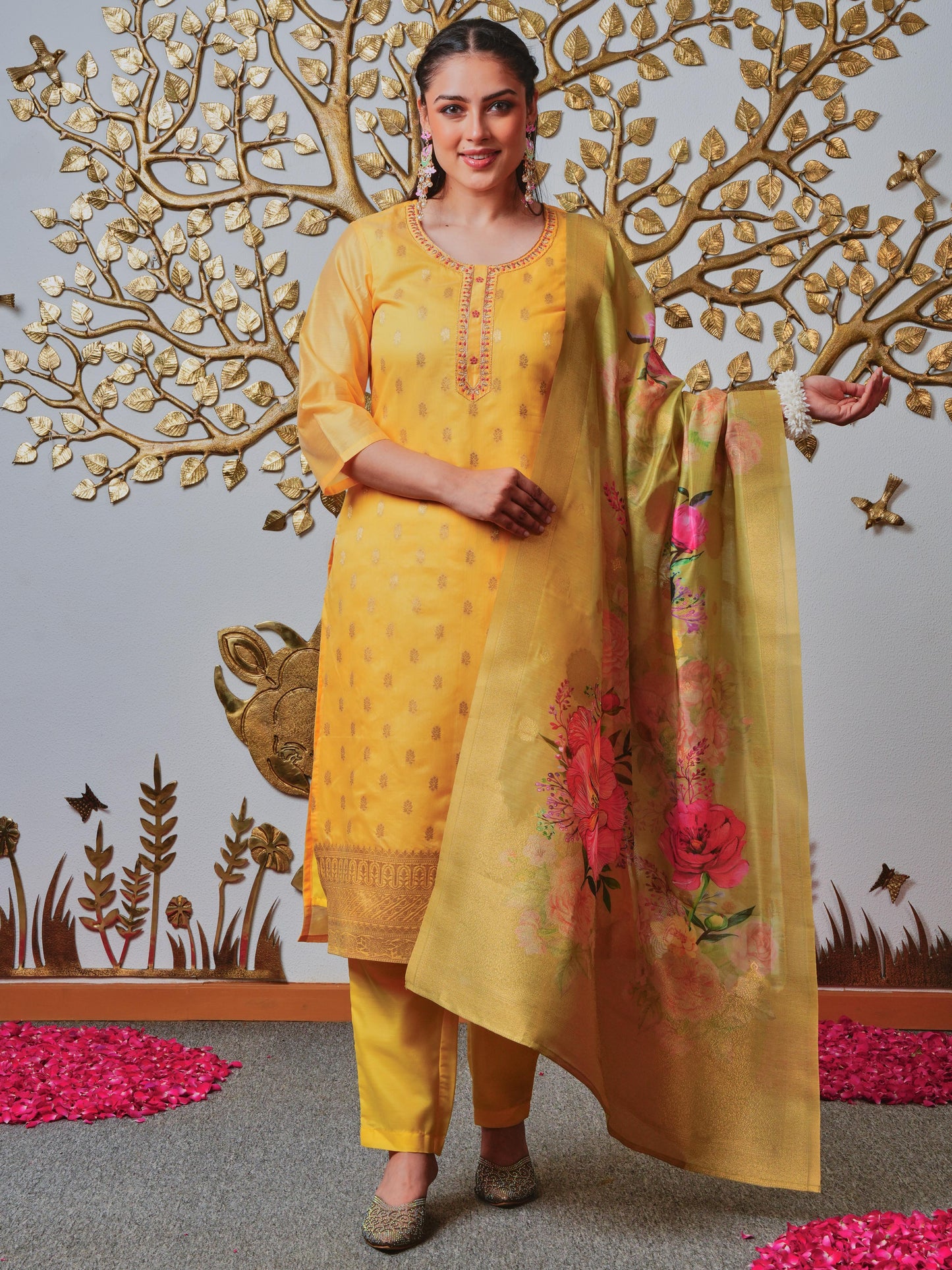Embroidered Jacquard Solid Yellow Kurta