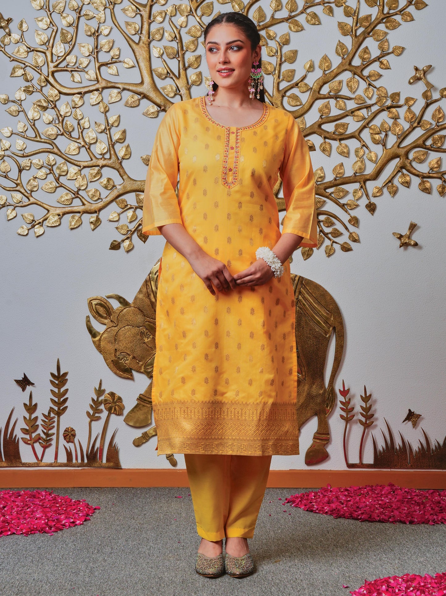 Embroidered Jacquard Solid Yellow Kurta