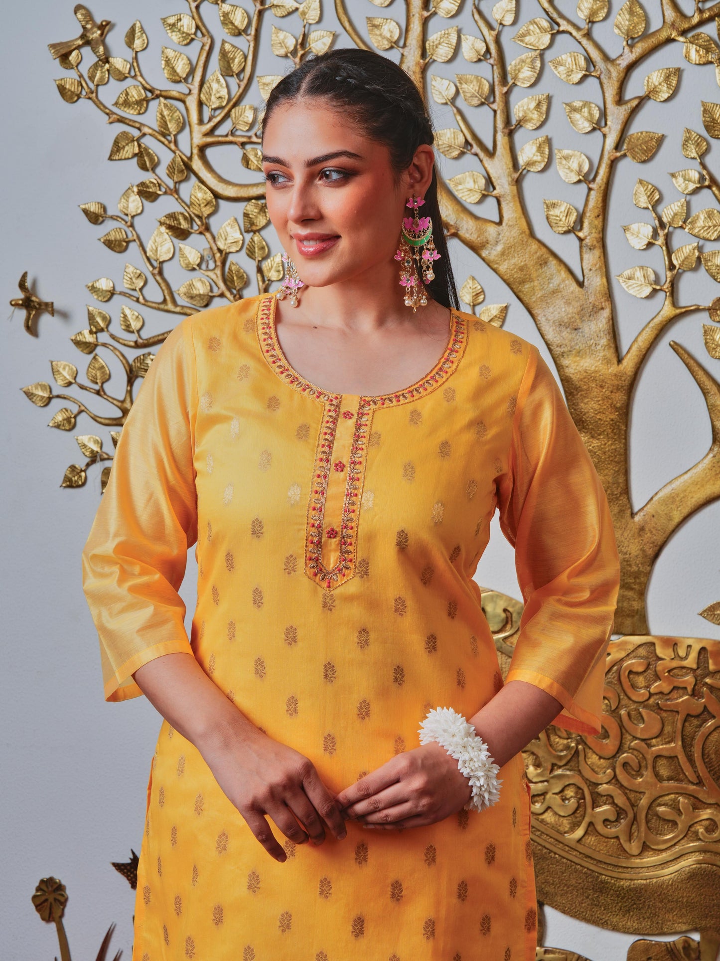 Embroidered Jacquard Solid Yellow Kurta