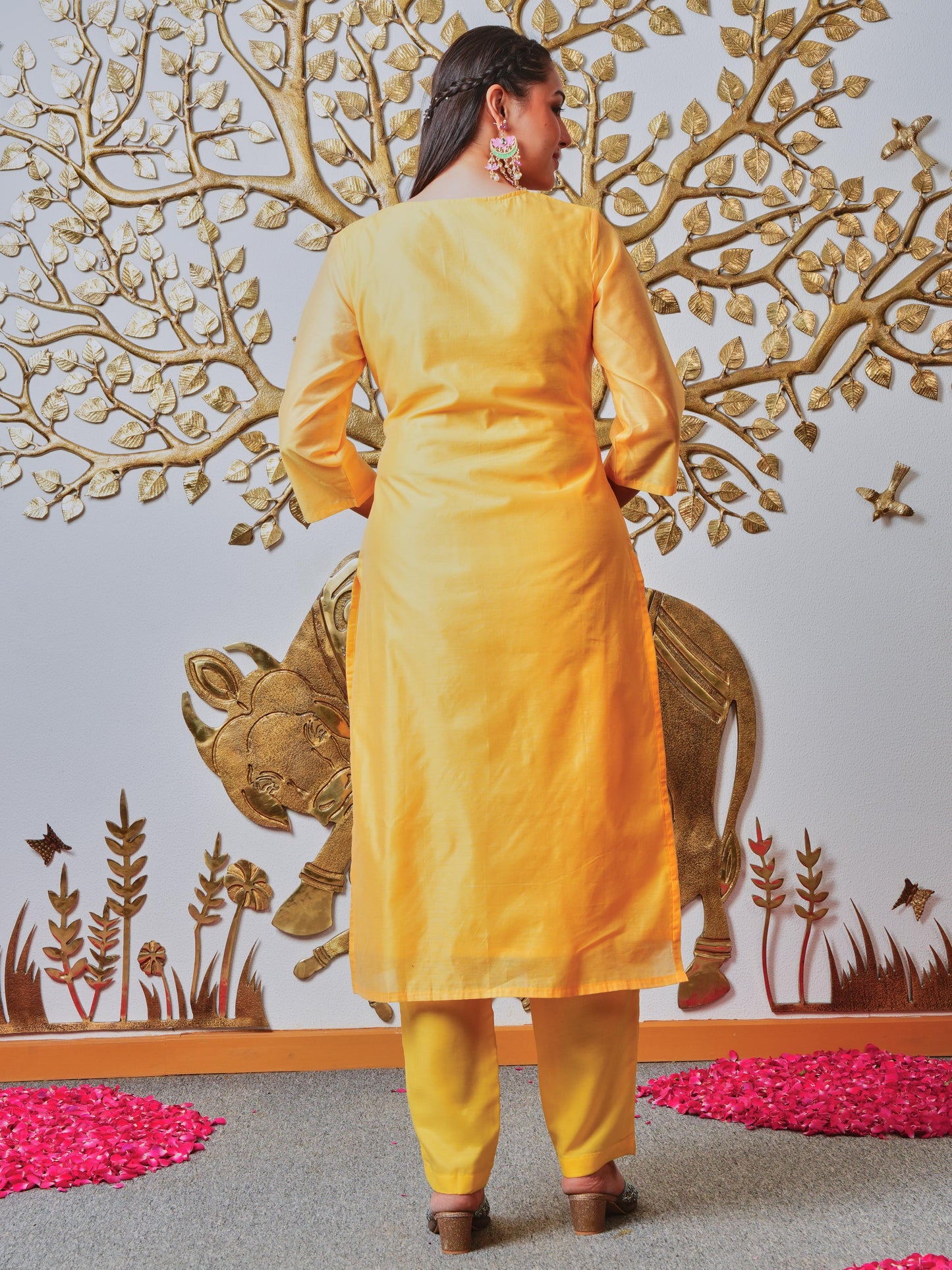 Embroidered Jacquard Solid Yellow Kurta