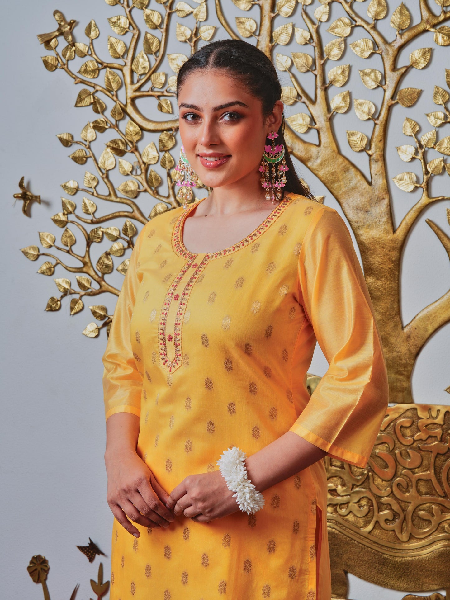 Embroidered Jacquard Solid Yellow Kurta