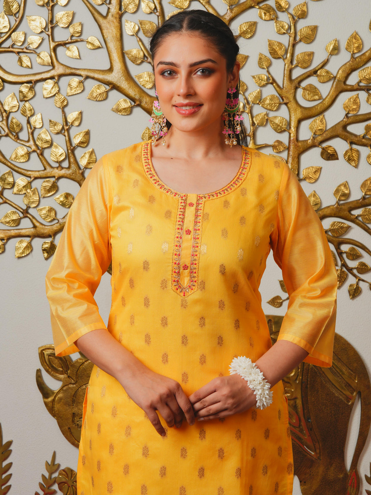 Embroidered Chanderi Jacquard Solid Yellow Kurta