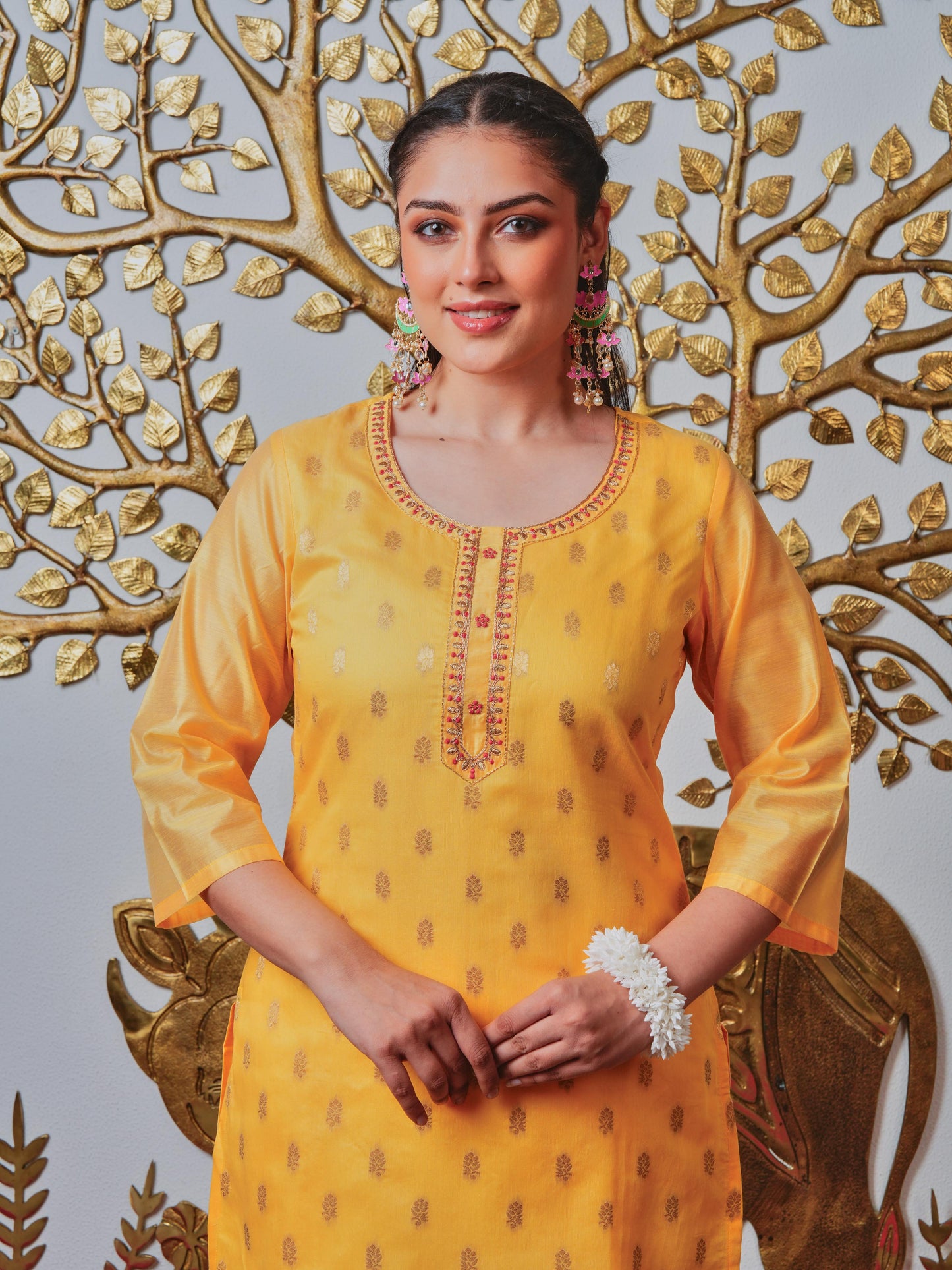 Embroidered Jacquard Solid Yellow Kurta