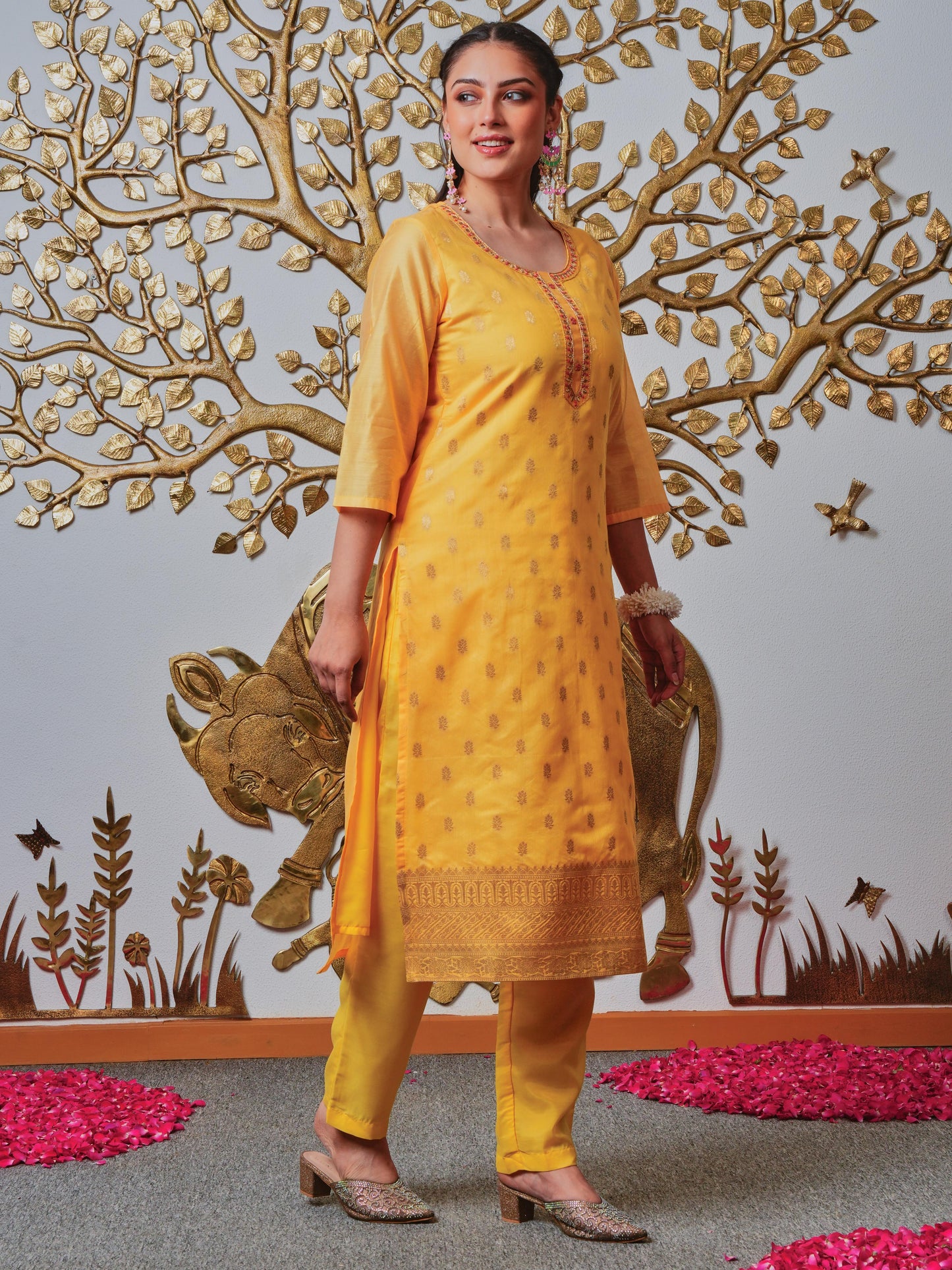 Embroidered Jacquard Solid Yellow Kurta