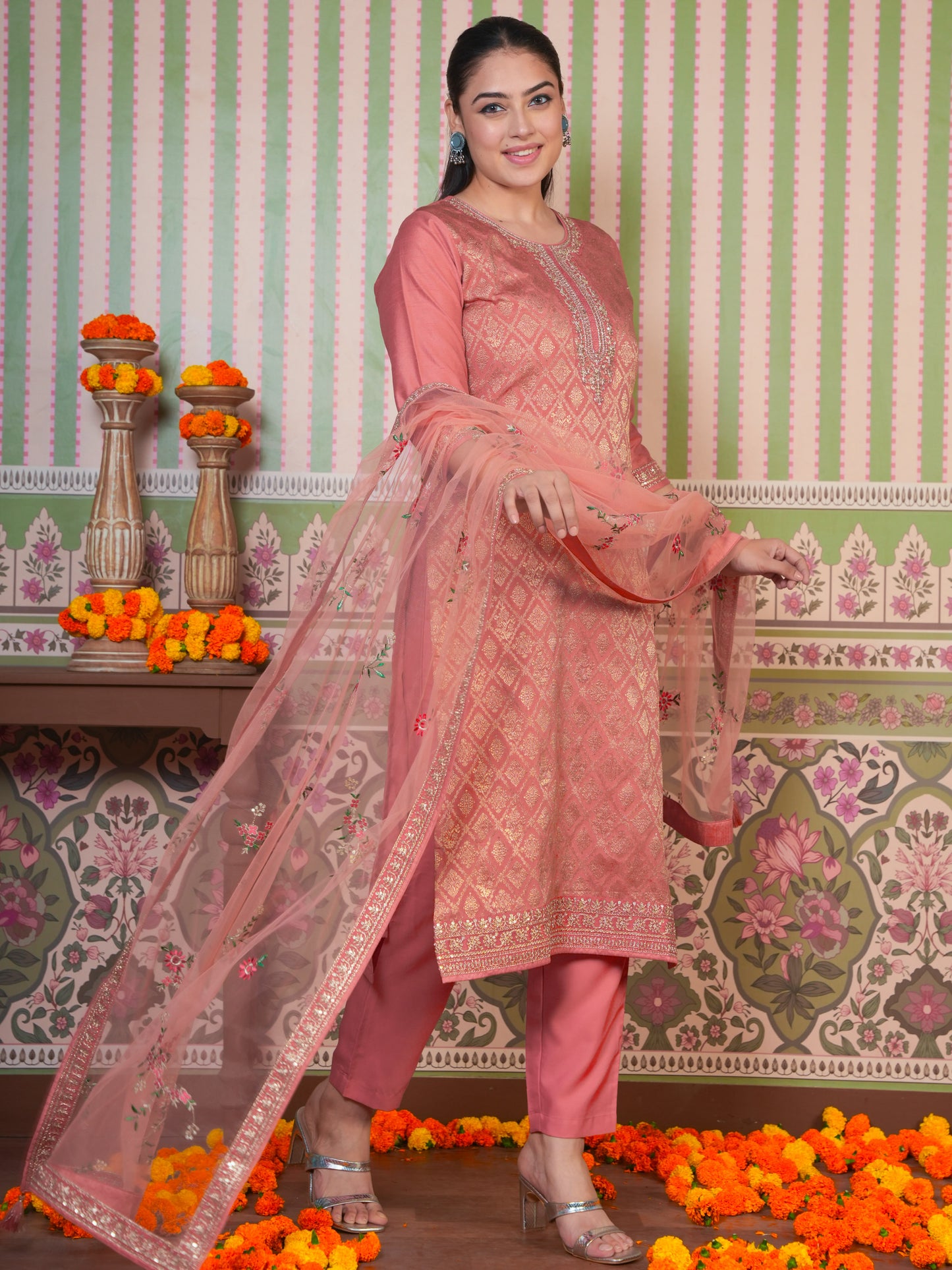 Embroidered Solid Peach Dupatta
