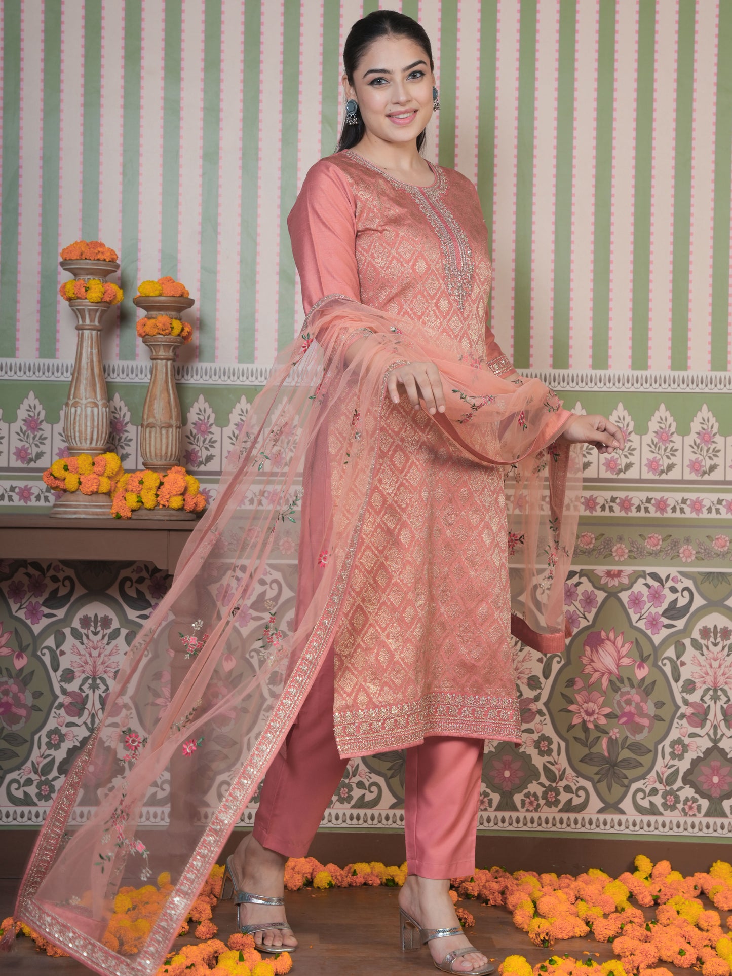Embroidered Silk Jacquard Solid Peach Straight Kurta