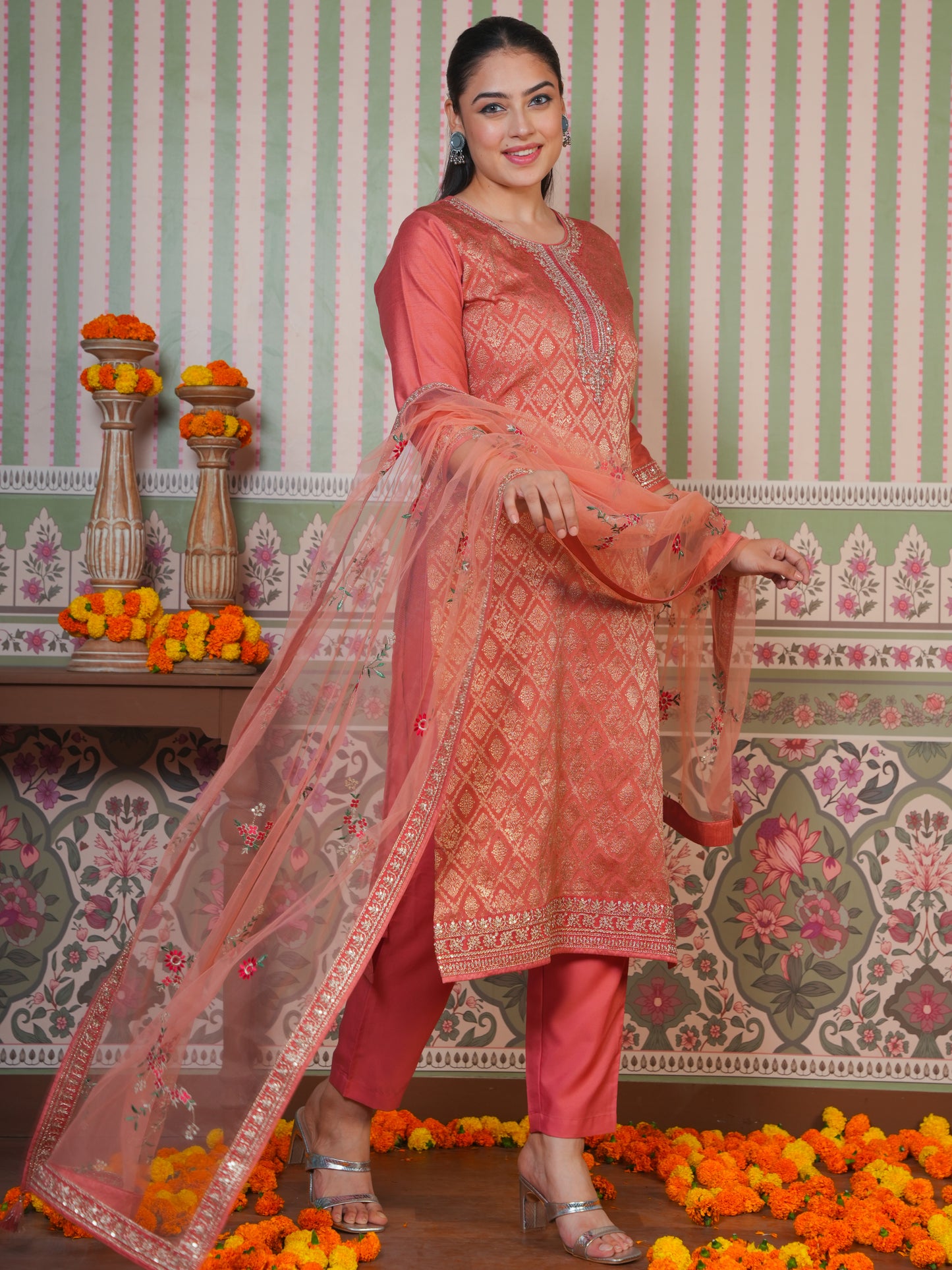 Embroidered Silk Jacquard Solid Peach Kurta
