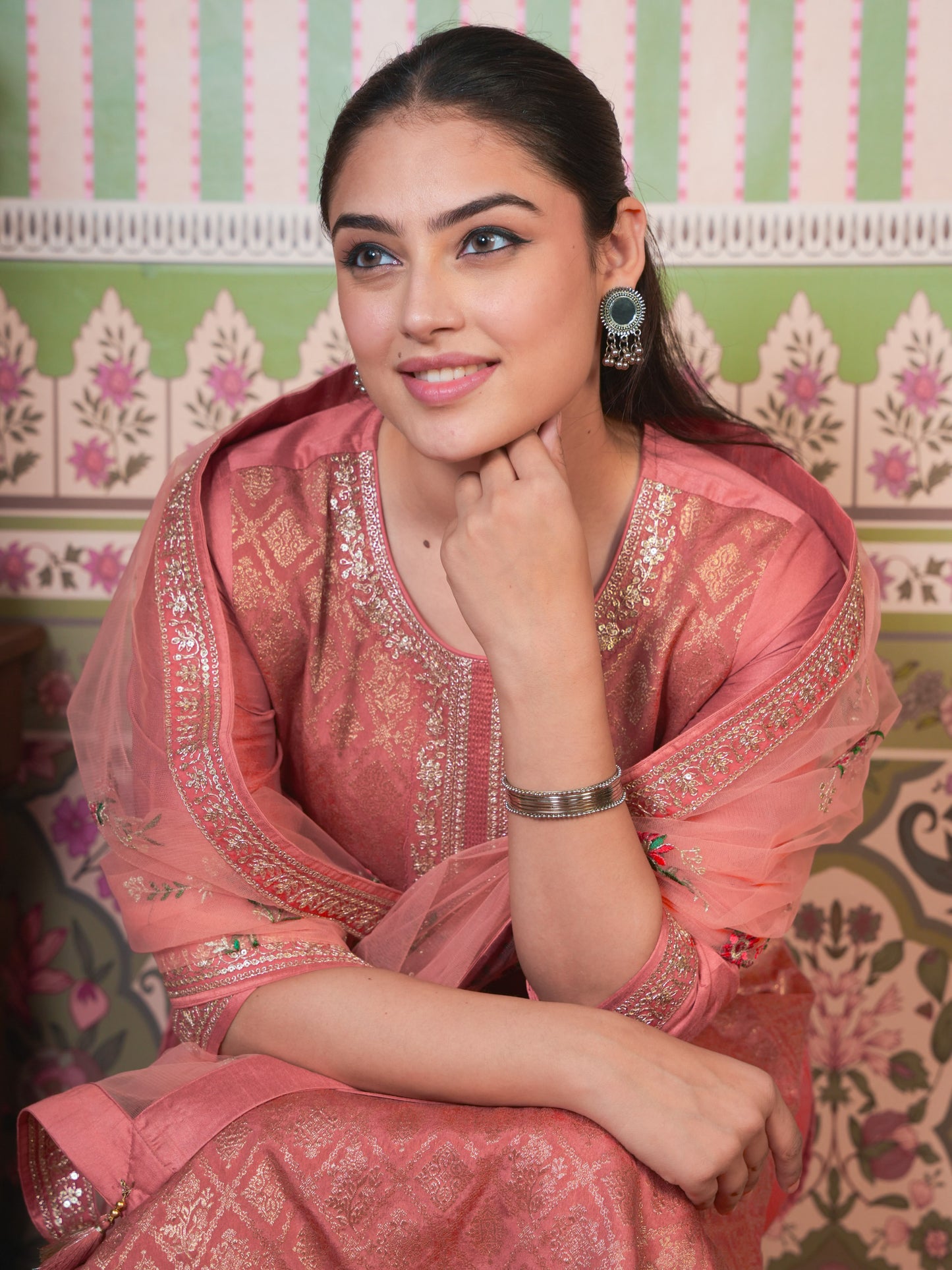 Embroidered Silk Jacquard Solid Peach Straight Kurta