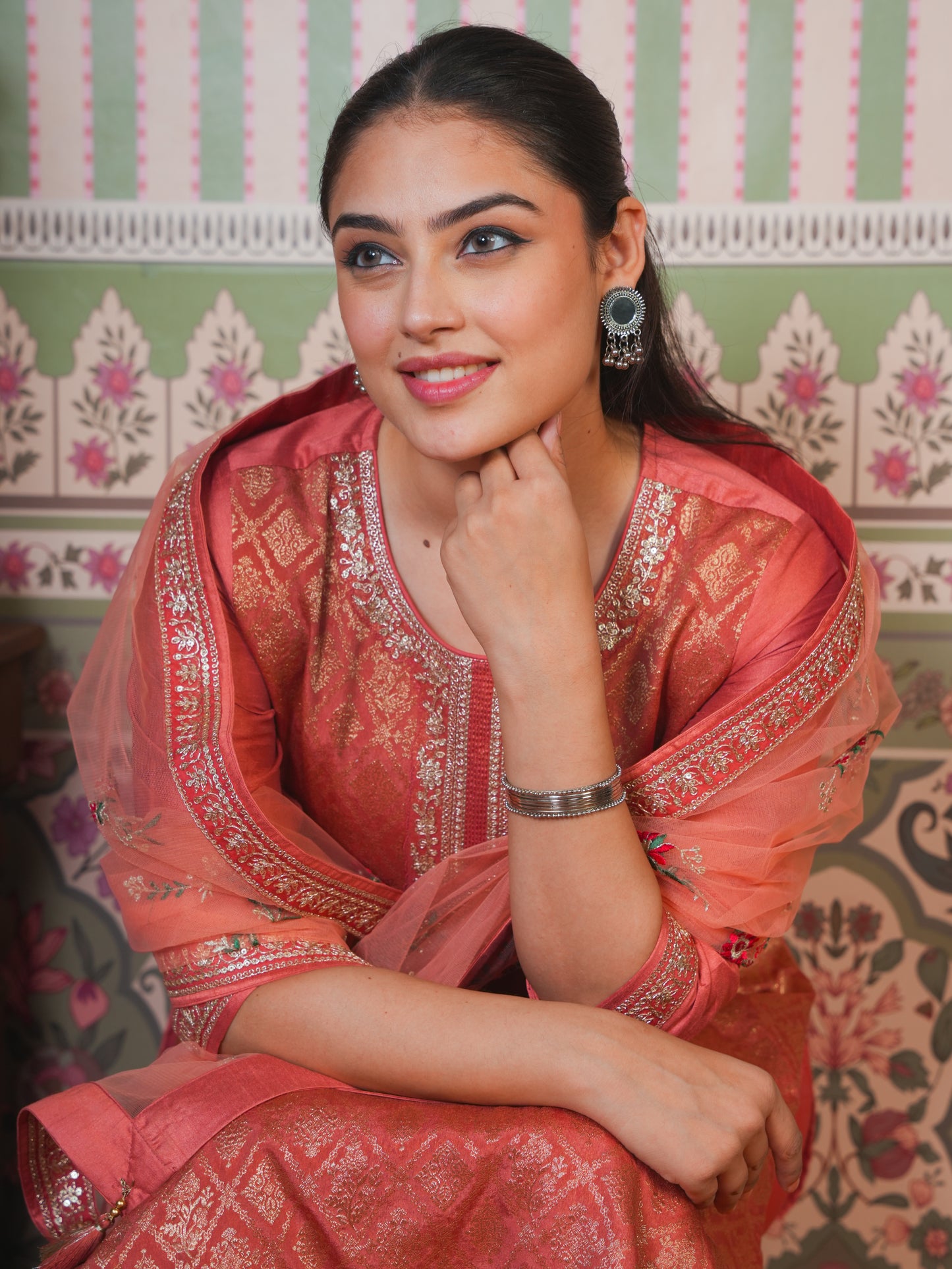 Embroidered Silk Jacquard Solid Peach Kurta