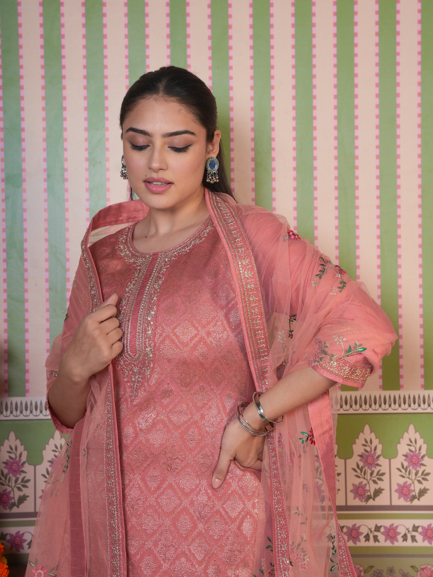 Embroidered Silk Jacquard Solid Peach Straight Kurta