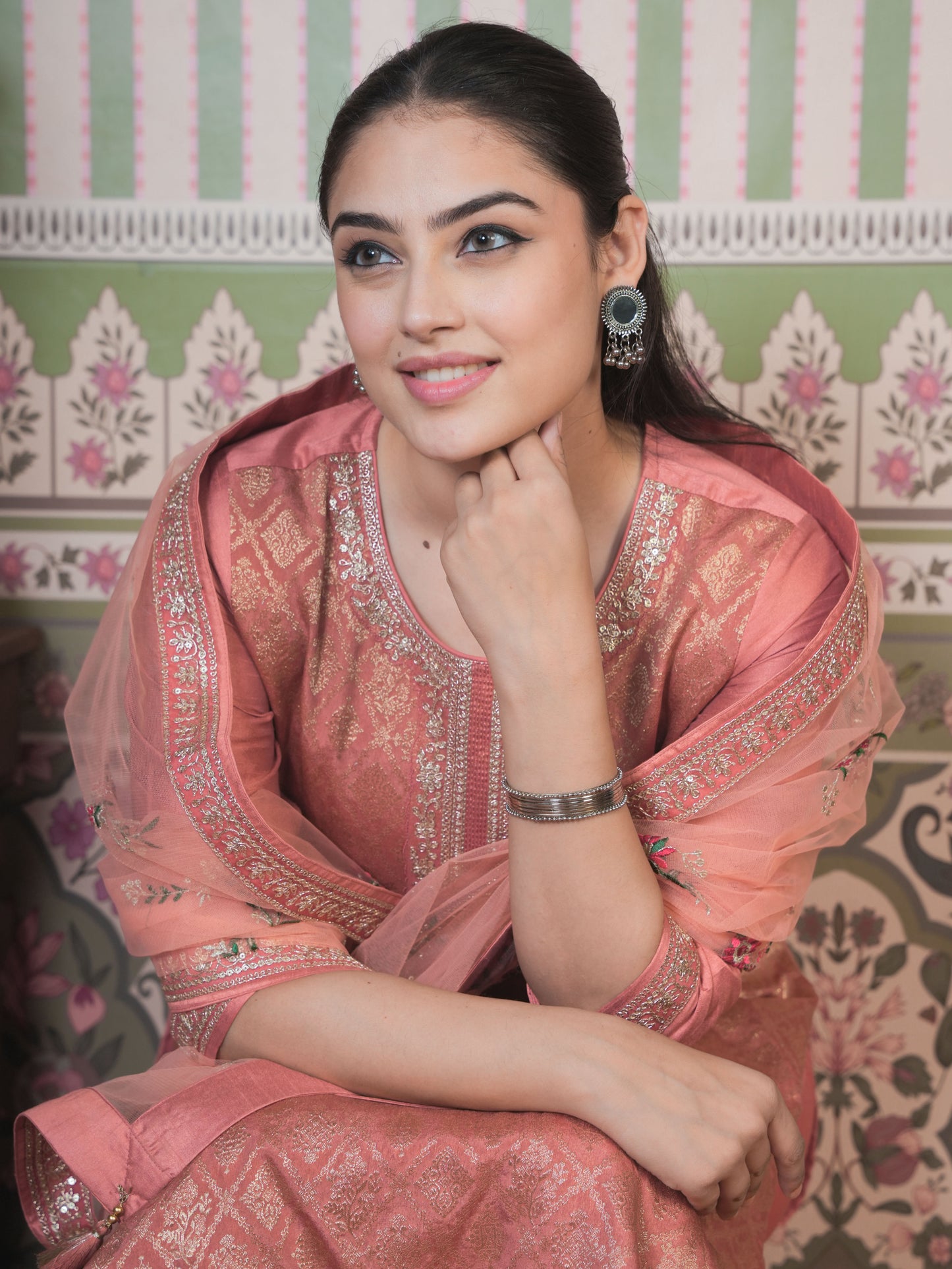 Embroidered Silk Jacquard Solid Peach Straight Kurta