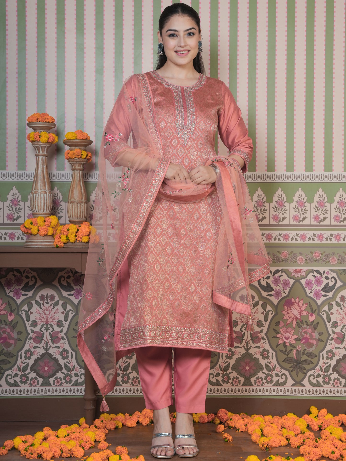 Embroidered Silk Jacquard Solid Peach Straight Kurta