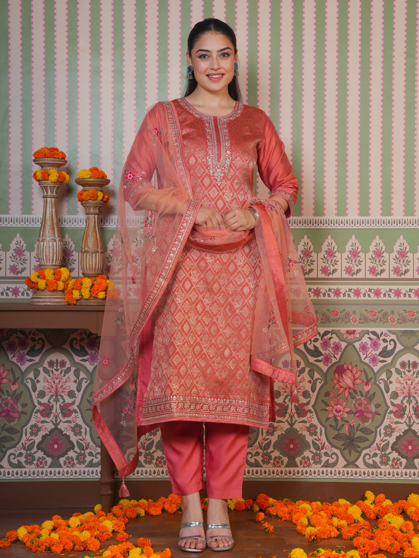 Embroidered Silk Jacquard Solid Peach Kurta