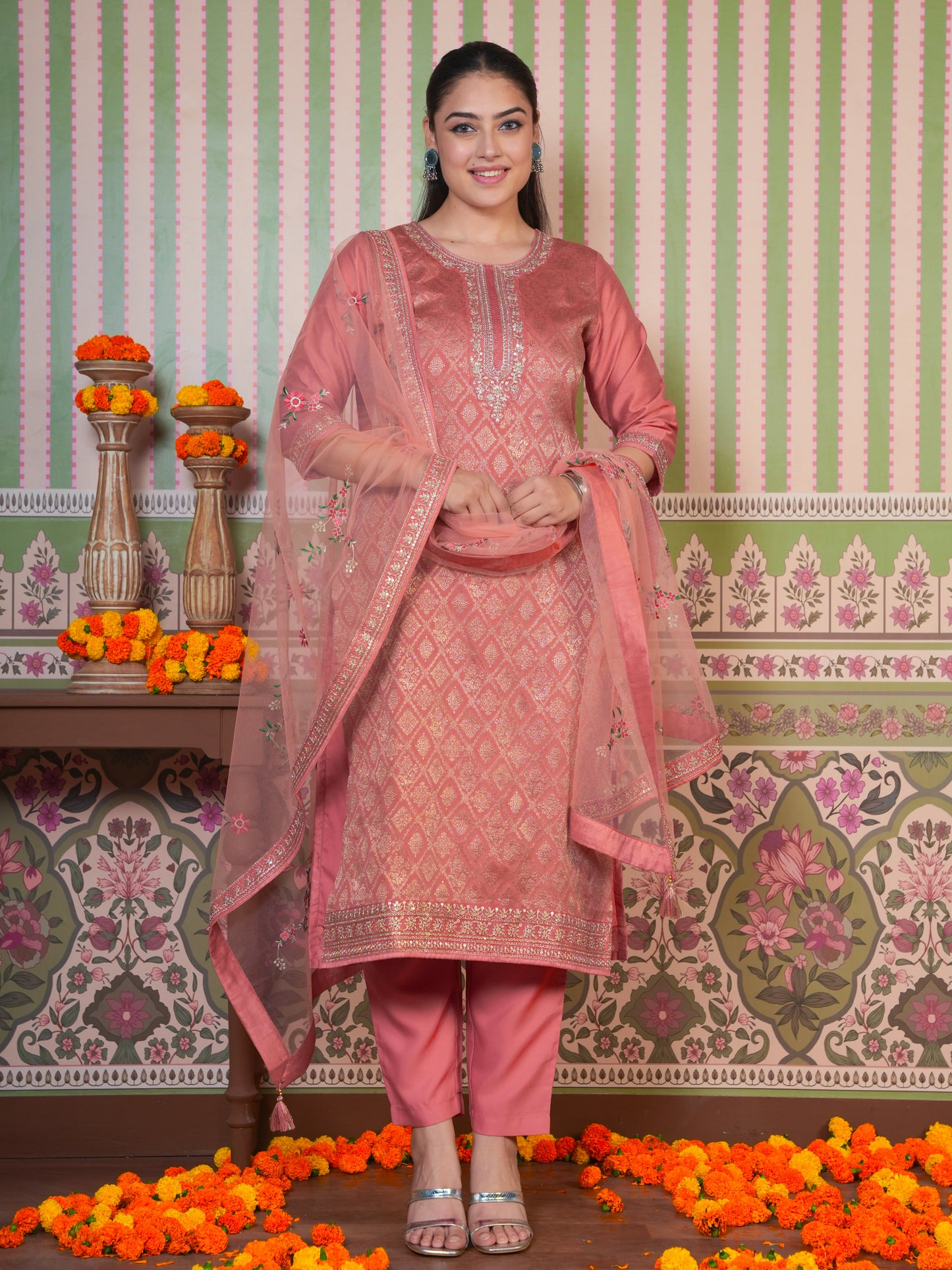 Embroidered Silk Jacquard Solid Peach Straight Kurta