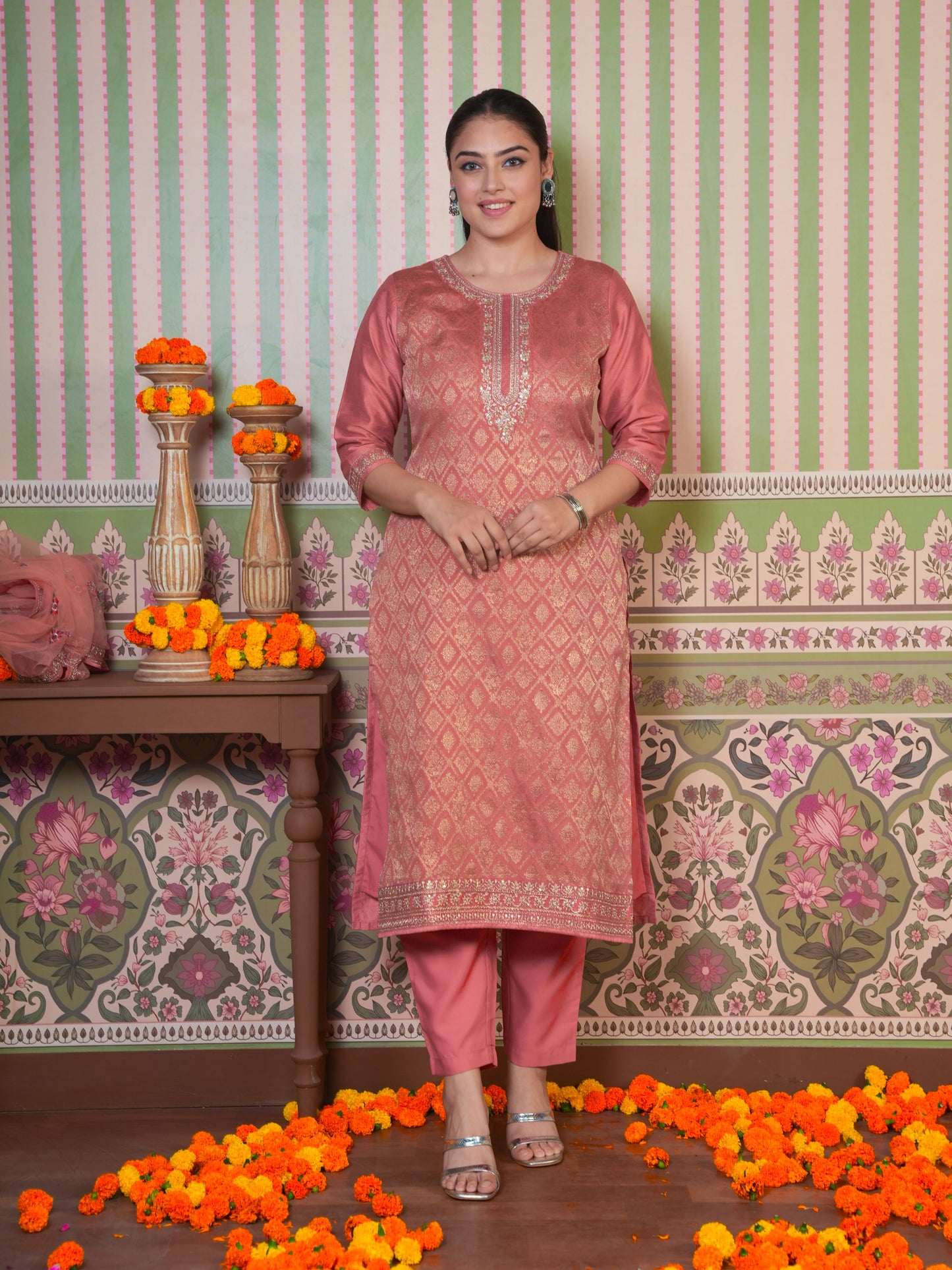 Embroidered Silk Jacquard Solid Peach Straight Kurta