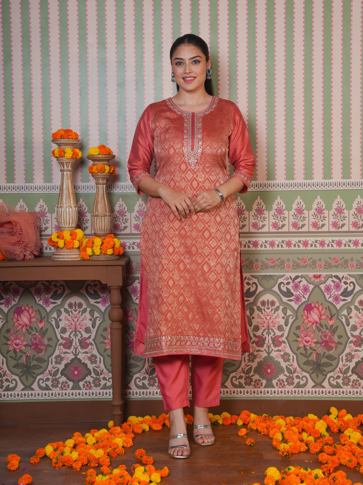 Embroidered Silk Jacquard Solid Peach Kurta