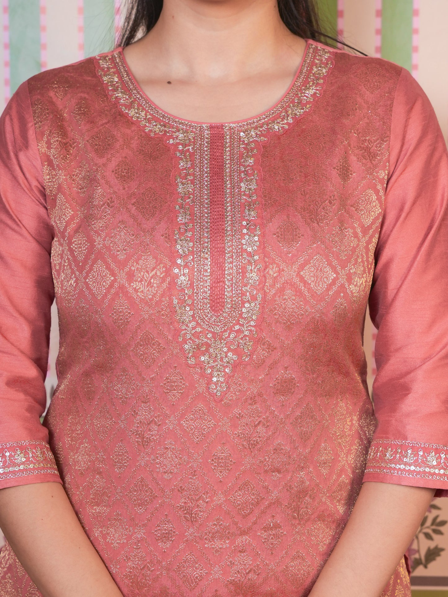 Embroidered Silk Jacquard Solid Peach Straight Kurta