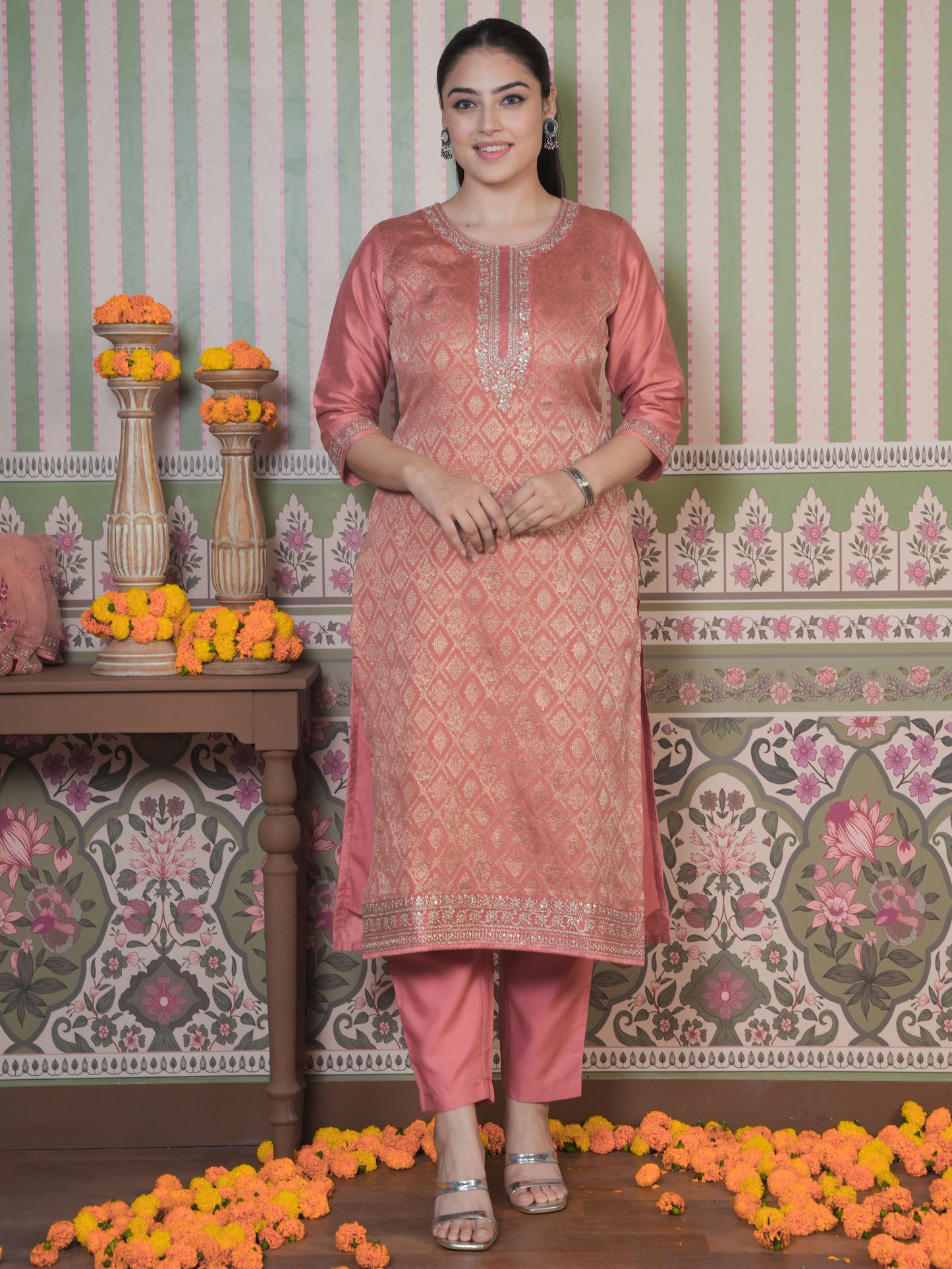 Embroidered Silk Jacquard Solid Peach Straight Kurta