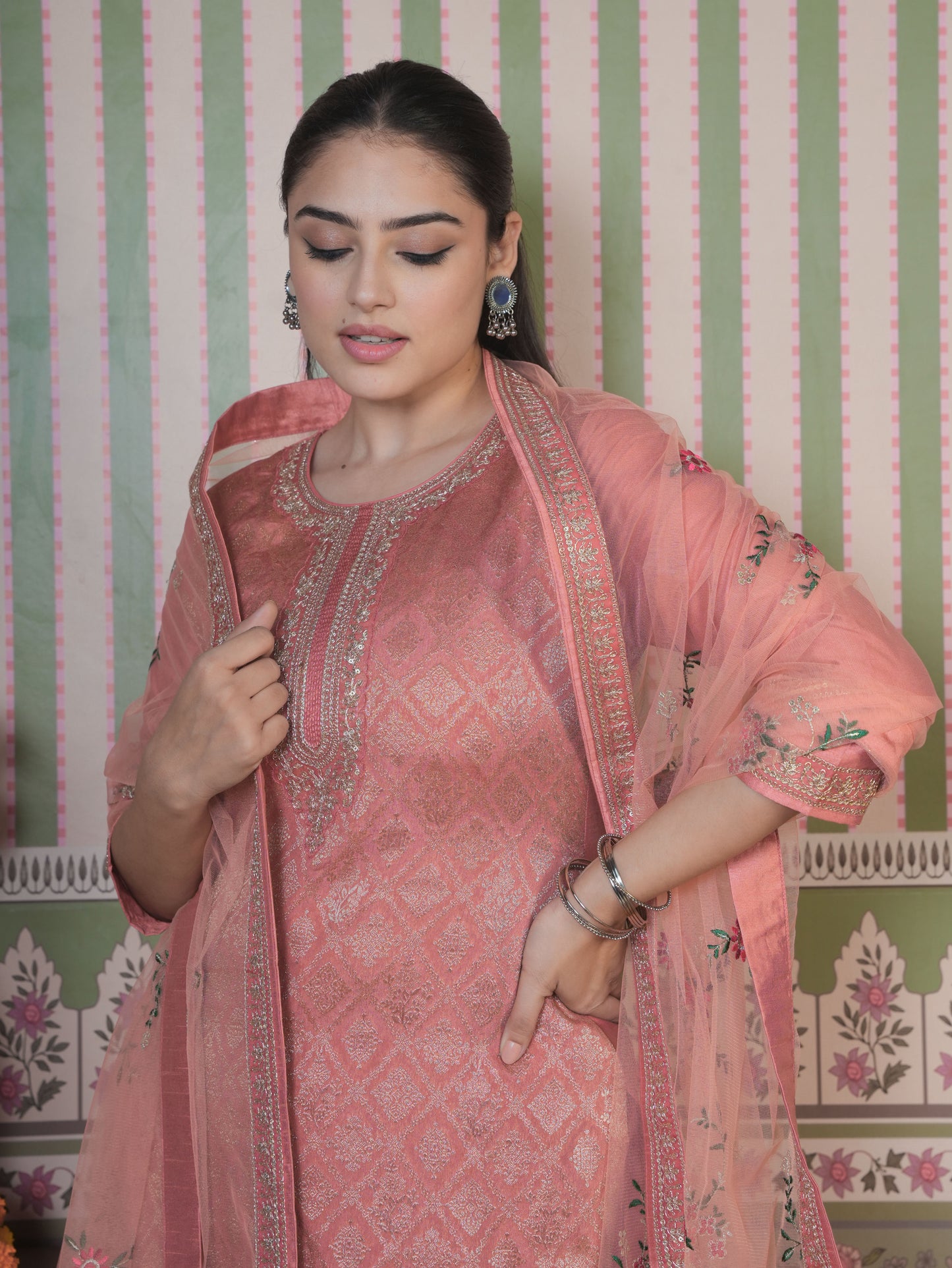 Embroidered Silk Jacquard Solid Peach Straight Kurta